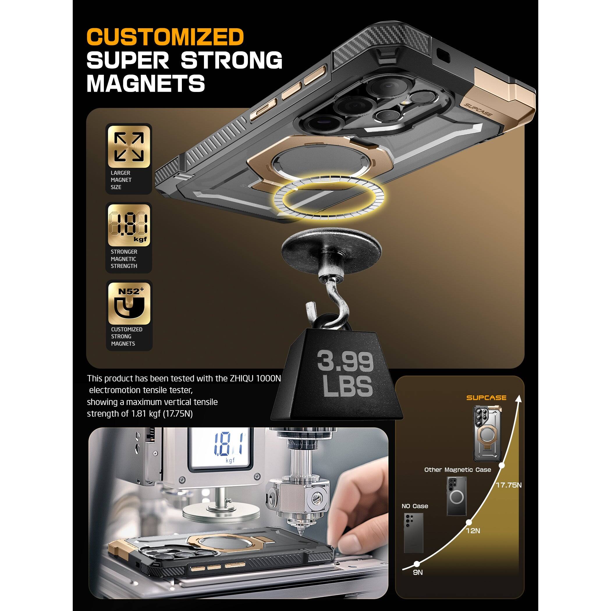 CUSTOMIZED SUPER STRONG MAGNETS

- LARGER MAGNET SIZE
- 1.81 kgf
- STRONGER MAGNET STRENGTH N52+
- CUSTOMIZED STRONG MAGNETS

This product has been tested with the ZHIQU 1000N electromotion tensile tester, showing a maximum vertical tensile strength of 1.81 kgf (17.75N)

3.99 LBS

SUPCASE

Other Magnetic Case 17.75N

NO Case 12N

SN