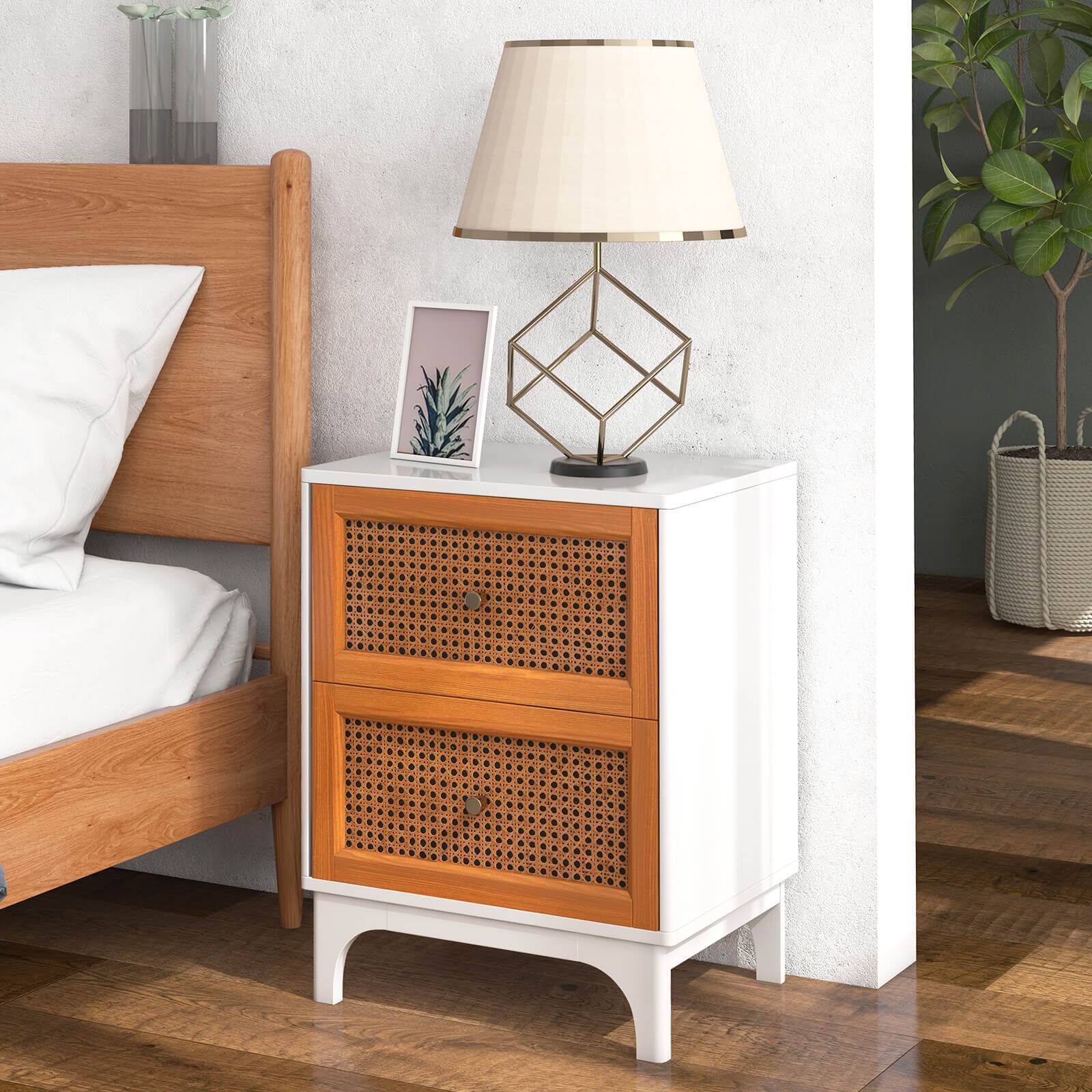 Back. Costway - 1 PCS Rattan Nightstand with Storage Wood End Sofa Side Table with 2 drawers Wood Legs - White + Brown.
