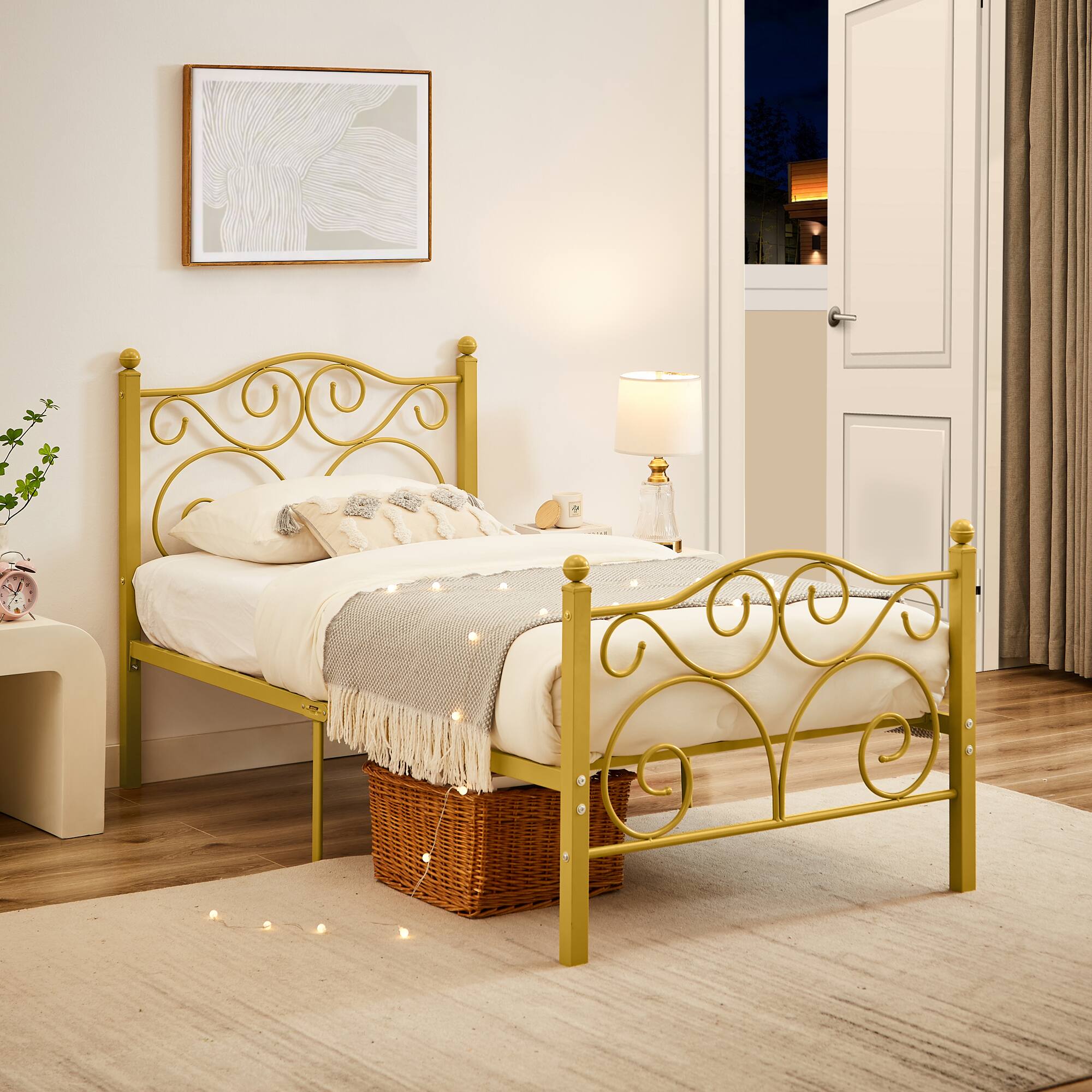 Alt View 2. Vecelo - Twin Bed Frame with Headboard & Footboard, Heavy Duty Steel Slats - No Box Spring, Easy Assembly, Gold - Gold.