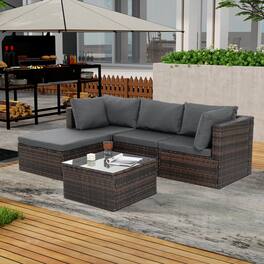 APRILSOUL - Patio Furniture Outdoor Furniture Seasonal PE Wicker Furniture 5 Set Wicker Furniture With Tempered Glass Coffee Table - Brown