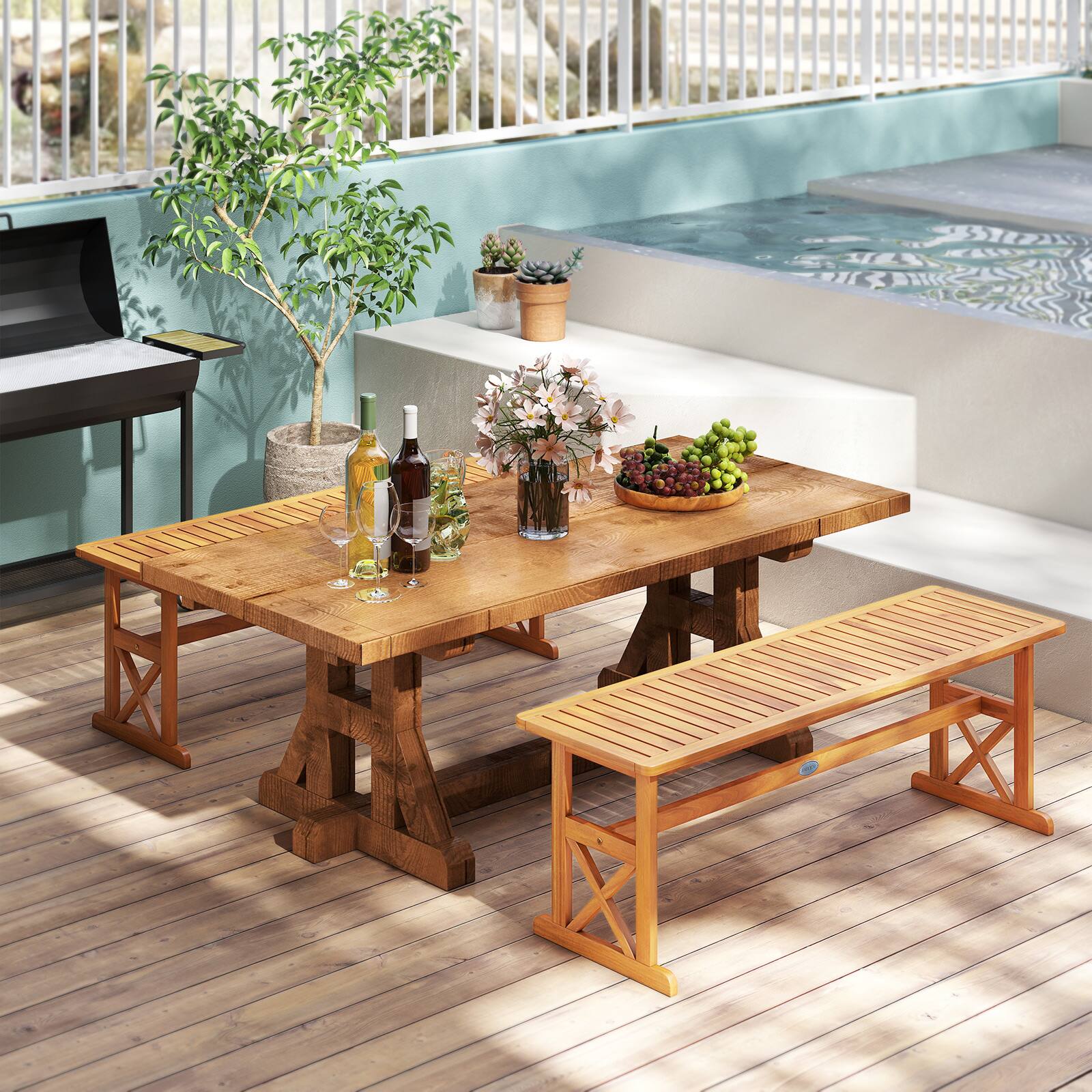 Alt View 1. Gymax - Gymax 2 PCS 51 Inches Acacia Wood Outdoor Bench w/ Slatted Seat & X-Shaped Frame - Yellow.