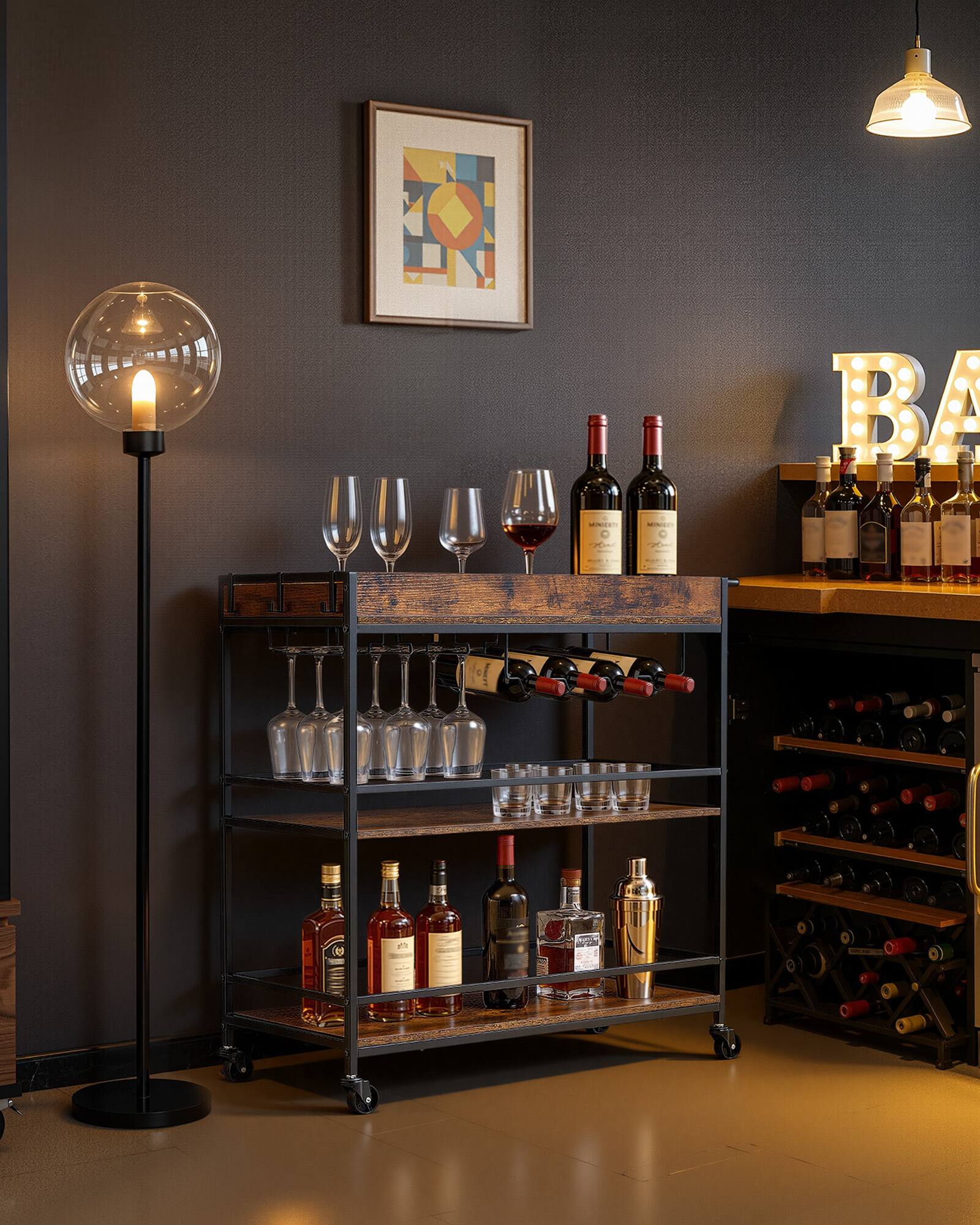Alt View 3. VEVOR - Bar Cart, 3 Tiers Home Kitchen Serving Carts, Industrial Rolling Utility Station on Wheel, Mobile Drink Beverage Shelf - Black + Brown.