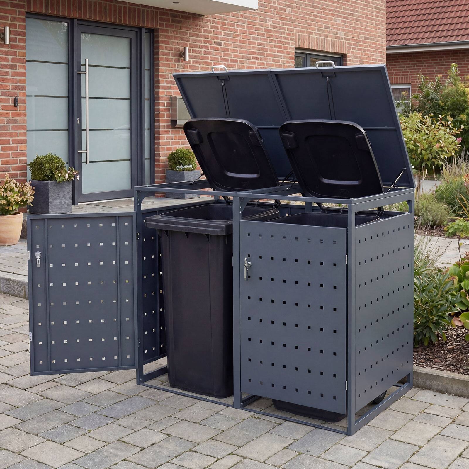 Alt View 1. Gymax - Gymax Metal Garbage Bin Storage Shed for2Trash Cans44CU.FT Double Trash Can Enclosure - Grey.