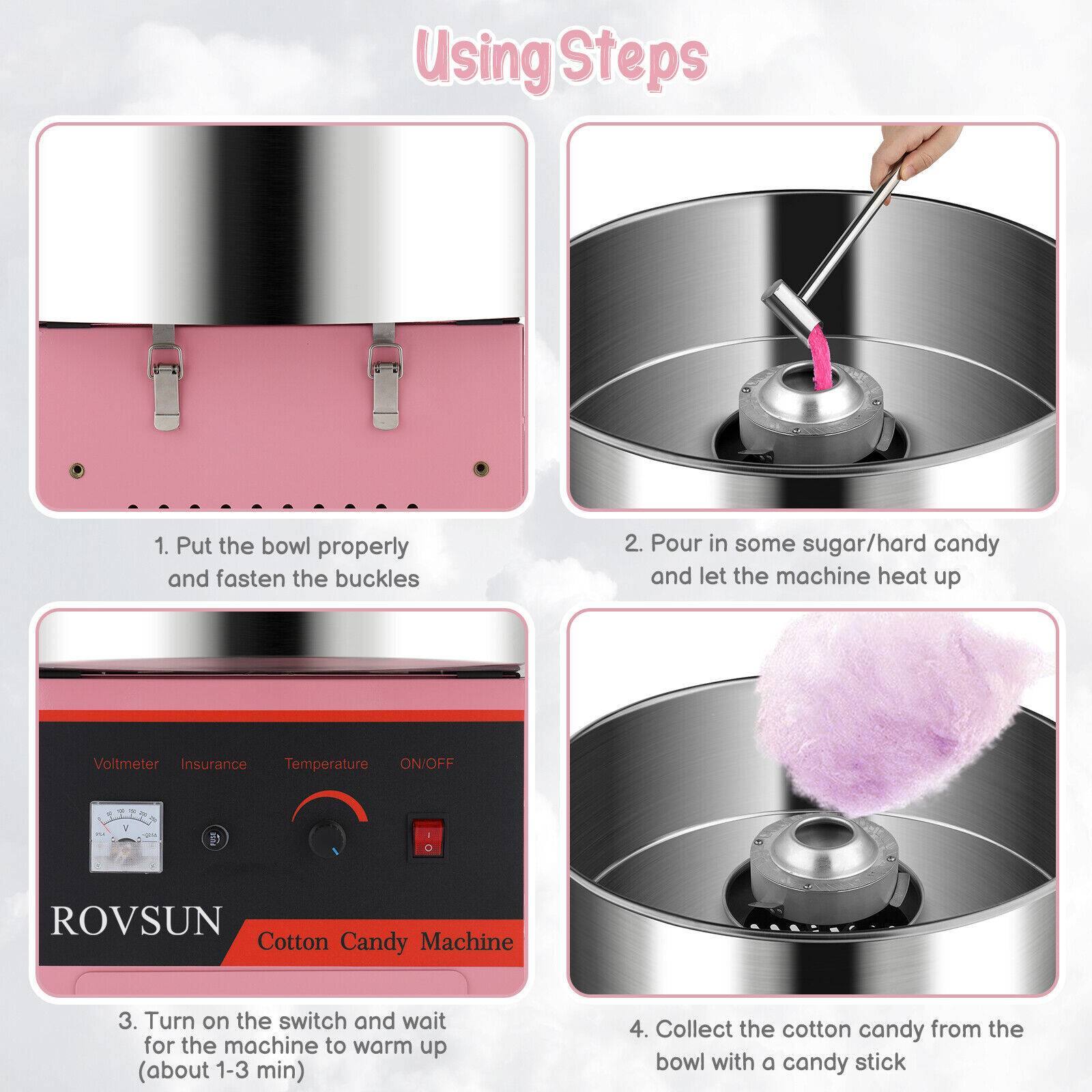 Using Steps

1. Put the bowl properly and fasten the buckles
2. Pour in some sugar/hard candy and let the machine heat up
3. Turn on the switch and wait for the machine to warm up (about 1-3 min)
4. Collect the cotton candy from the bowl with a candy stick