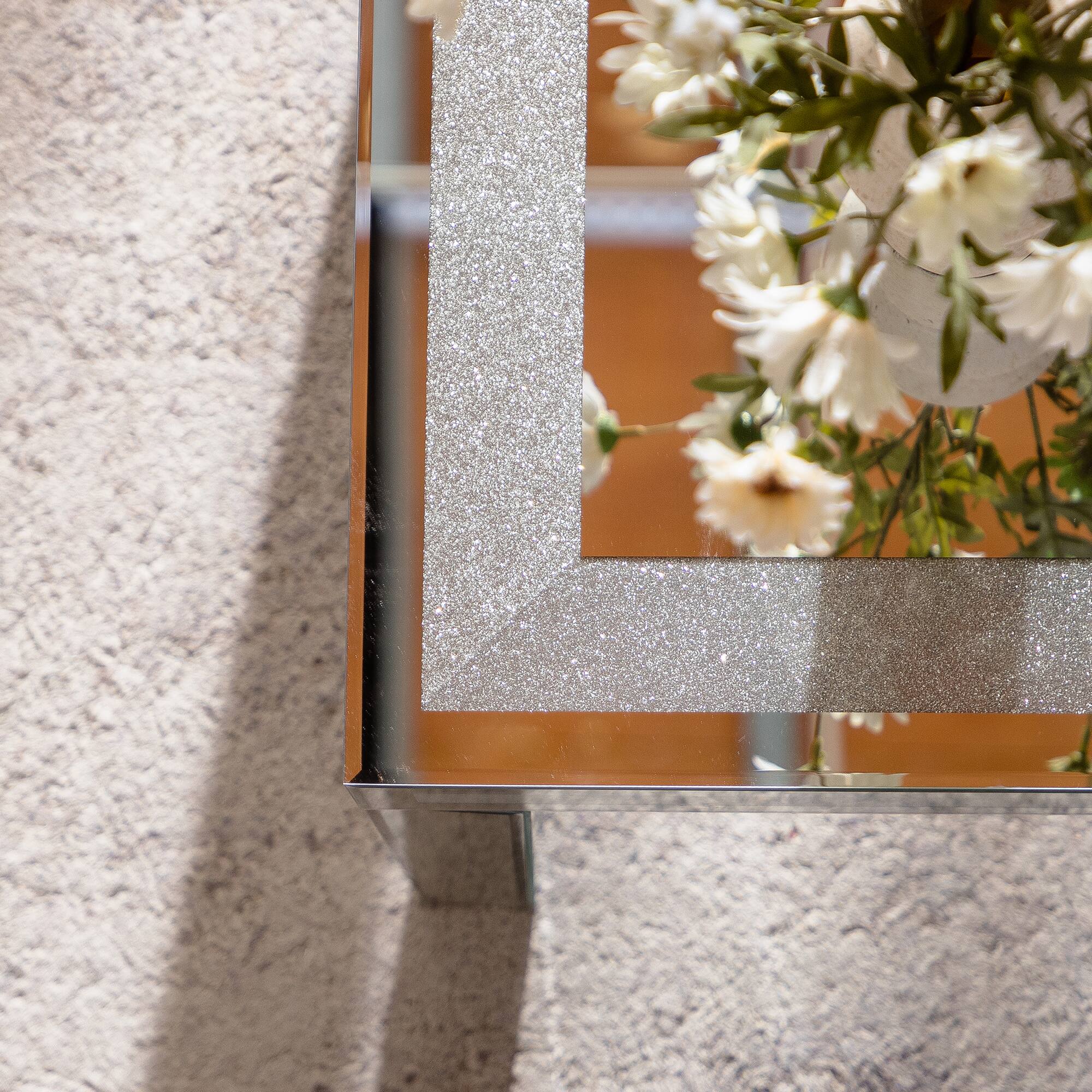 Alt View 1. TinyHomie - Silver Coffee Tables for Living Room with Dazzling Crushed Crystal Border Clear Glass Rectangle Center Table.