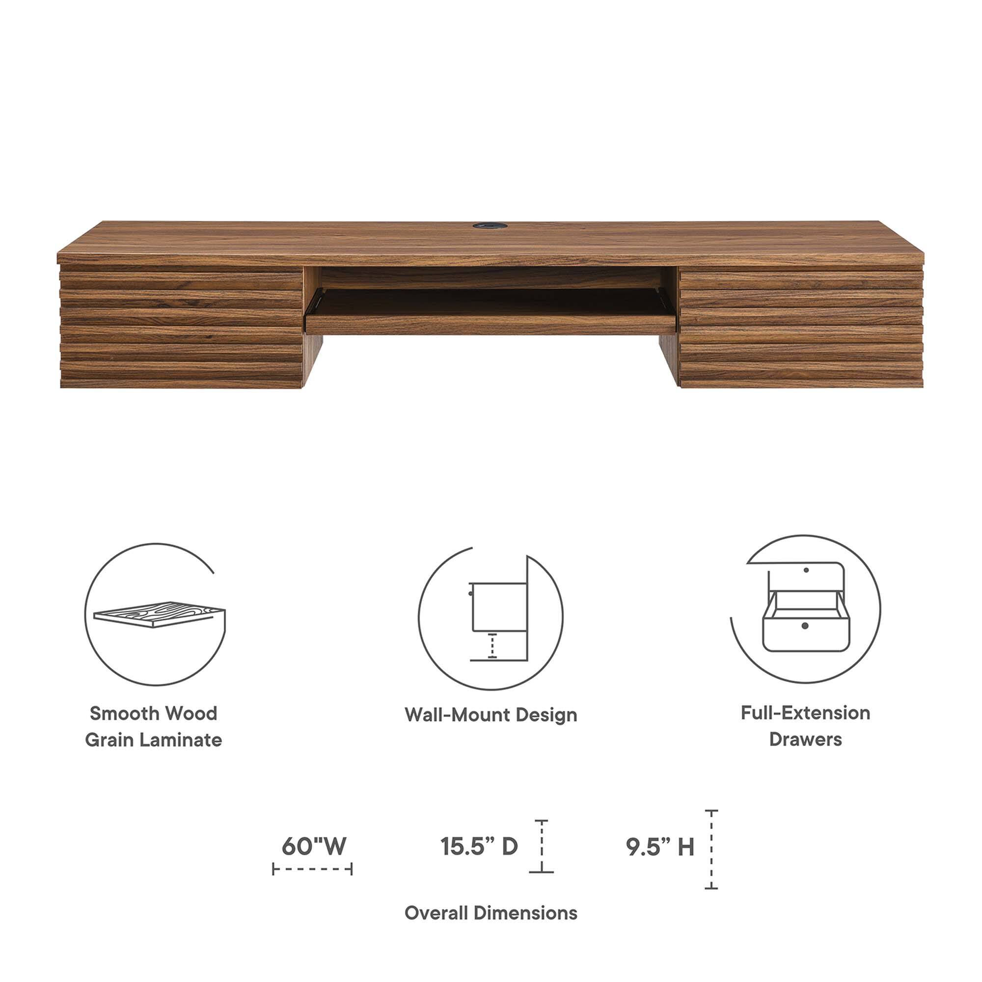 Smooth Wood Grain Laminate Wall-Mount Design Full-Extension Drawers

Overall Dimensions:
- Width: 60"
- Depth: 15.5"
- Height: 9.5"