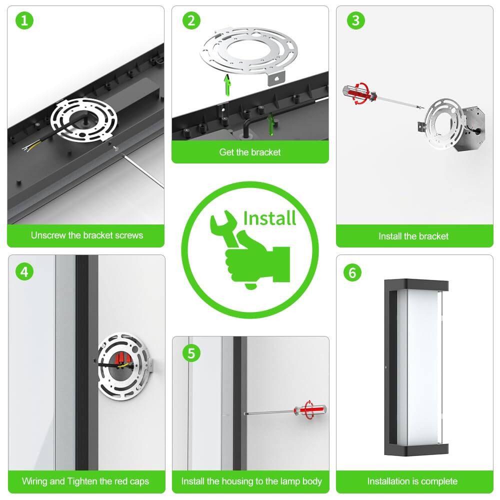 1. Unscrew the bracket screws
2. Get the bracket
3. Install the bracket
4. Wiring and Tighten the red caps
5. Install the housing to the lamp body
6. Installation is complete