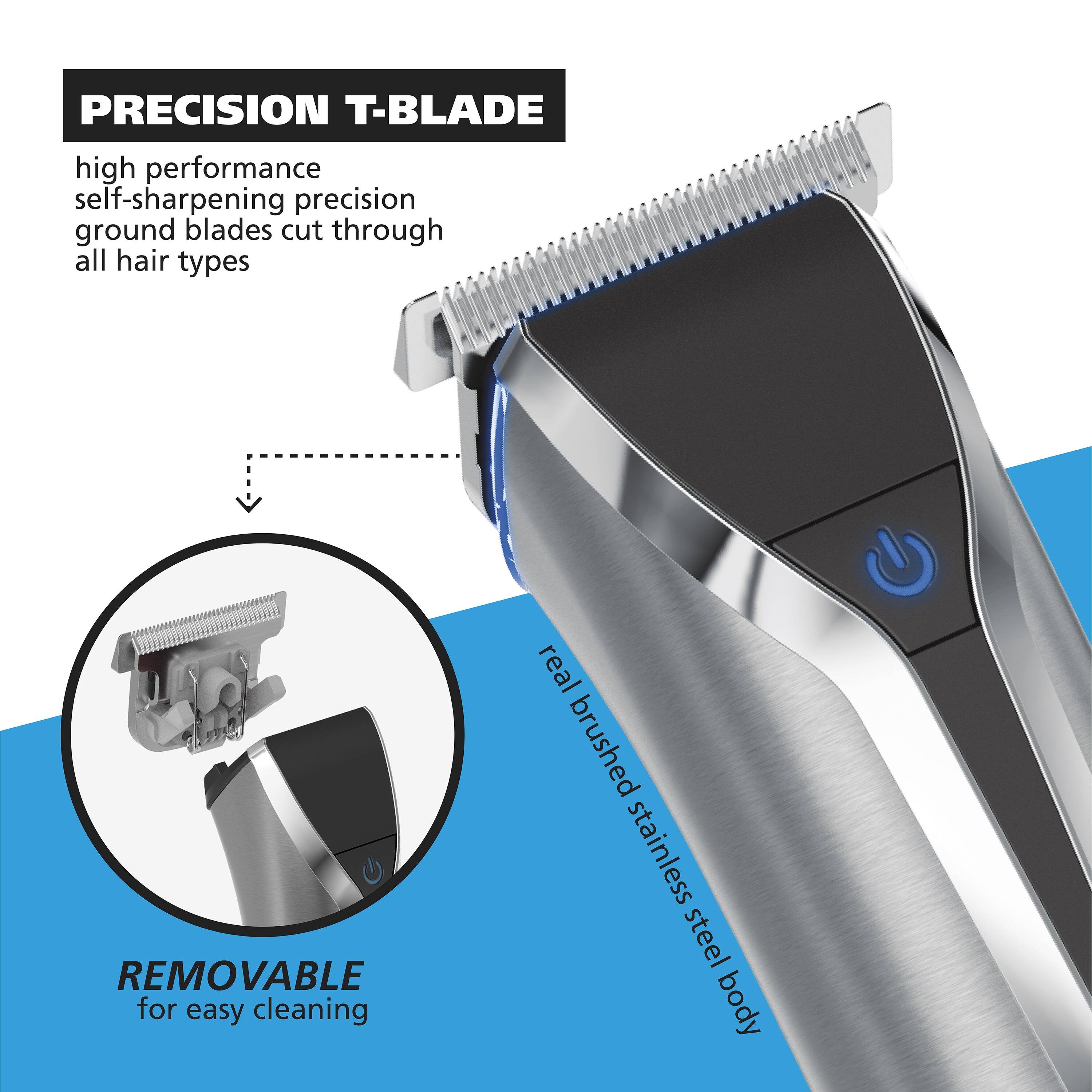 PRECISION T-BLADE high performance self-sharpening precision ground blades cut through all hair types REMOVABLE for easy cleaning real brushed stainless steel body