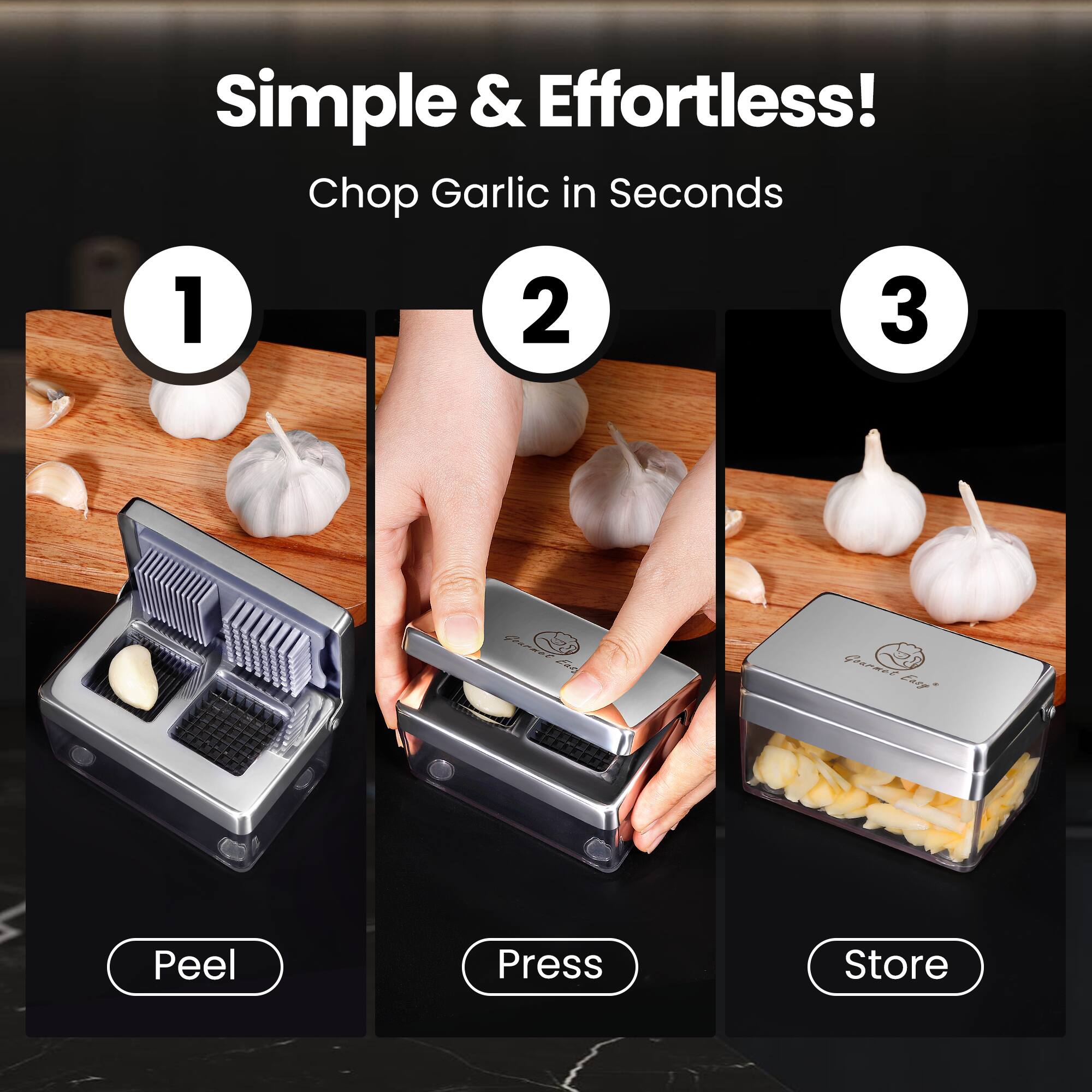 Left. Gourmet Easy - Garlic Press Stainless Steel, Garlic Chopper Mini & Slicer Super Thin 2 in 1, Odor Free Ginger Dicer + Container - Stainless Steel.