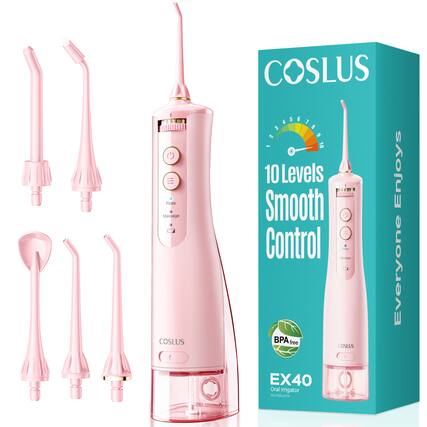 785 43 Floss Massage COSLUS 5 COSLUS S 10 Smooth Levels 2IE Enjoys ili Control M Fo Everyone BPA free OSLUS EX40 Oral irrigator Munddusche