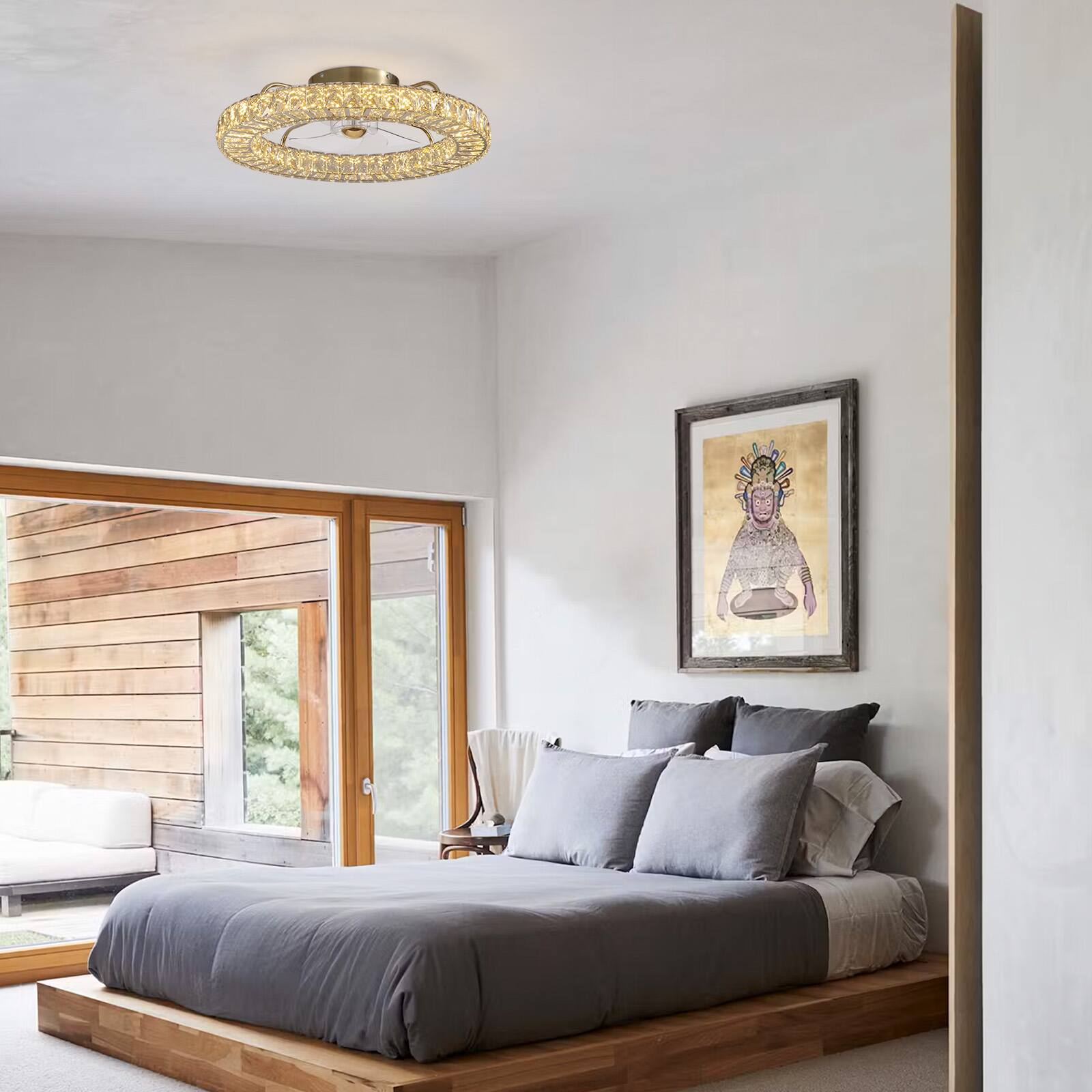 Back. Siljoy - 20-22-inch Luxury Crystal Flush Mount Fan Light Dimmable Quiet for Bedroom and Living Room - Gold.