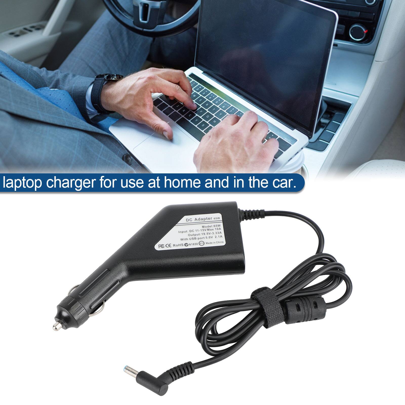 laptop charger for use at home and in the car. Adapter Sm DC WEzlahaM 1/159 Max 55W Mas THA Engun DC v9 Sw.2 33A Oulpol 2.1A port BY 2 Wan USB  RAm - EIna RaMs s CE