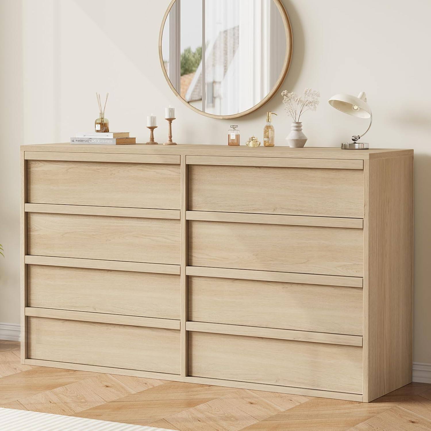 Front. GARVEE - 8 Drawer Double Dresser for Bedroom, 54" Wide Oak Storage Organizer Chest for Living Room, Nursery, Hallway - Natural.