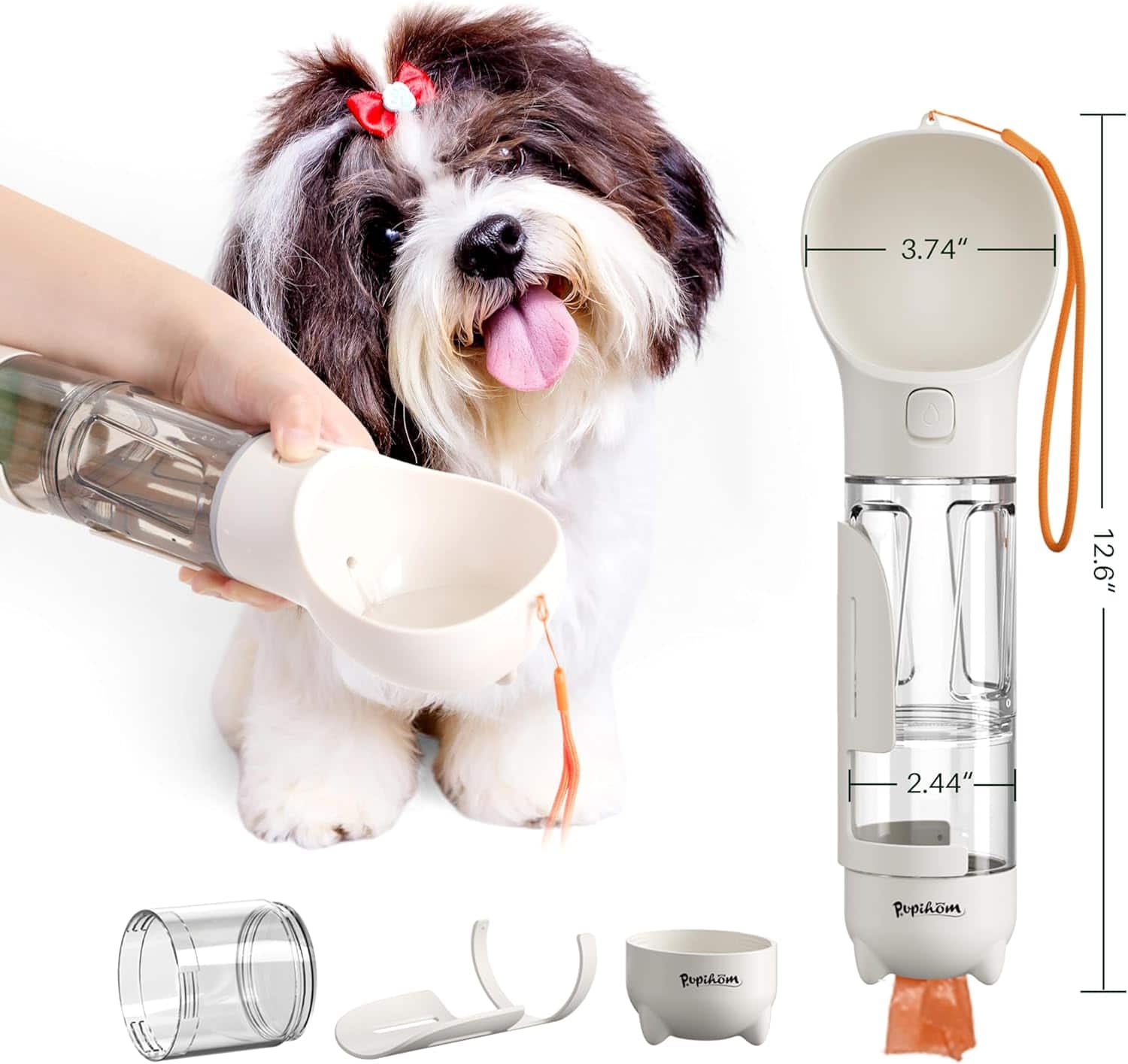 PUPIHOM - Dog Travel Water Bottle & Food Dispenser- Portable Travel Dispenser w/ Leak-Proof Bowl w/ Poop Bag Length 12.6" - Eggshell White