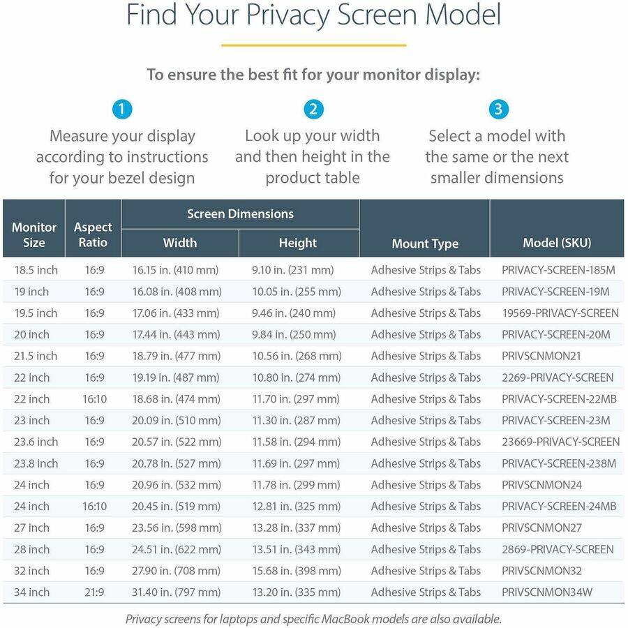 Find Your Privacy Screen Model

To ensure the best fit for your monitor display:

1. Measure your display according to instructions for your bezel design
2. Look up your width and then height in the product table
3. Select a model with the same or the next smaller dimensions

| Monitor Size | Aspect Ratio | Screen Dimensions | Mount Type | Model (SKU) |
|-------------|-------------|------------------|-----------|-------------|
| 18.5 inch   | 16:9        | 16.15 in. (410 mm) | Adhesive Strips & Tabs | PRIVACY-SCREEN-185M |
| 19 inch     | 16:9        | 16.08 in. (408 mm) | Adhesive Strips & Tabs | PRIVACY-SCREEN-19M |
| 19.5 inch   | 16:9        | 17.06 in. (433 mm) | Adhesive Strips & Tabs | 19569-PRIVACY-SCREEN |
| 20 inch     | 16:9        | 17.44 in. (4
