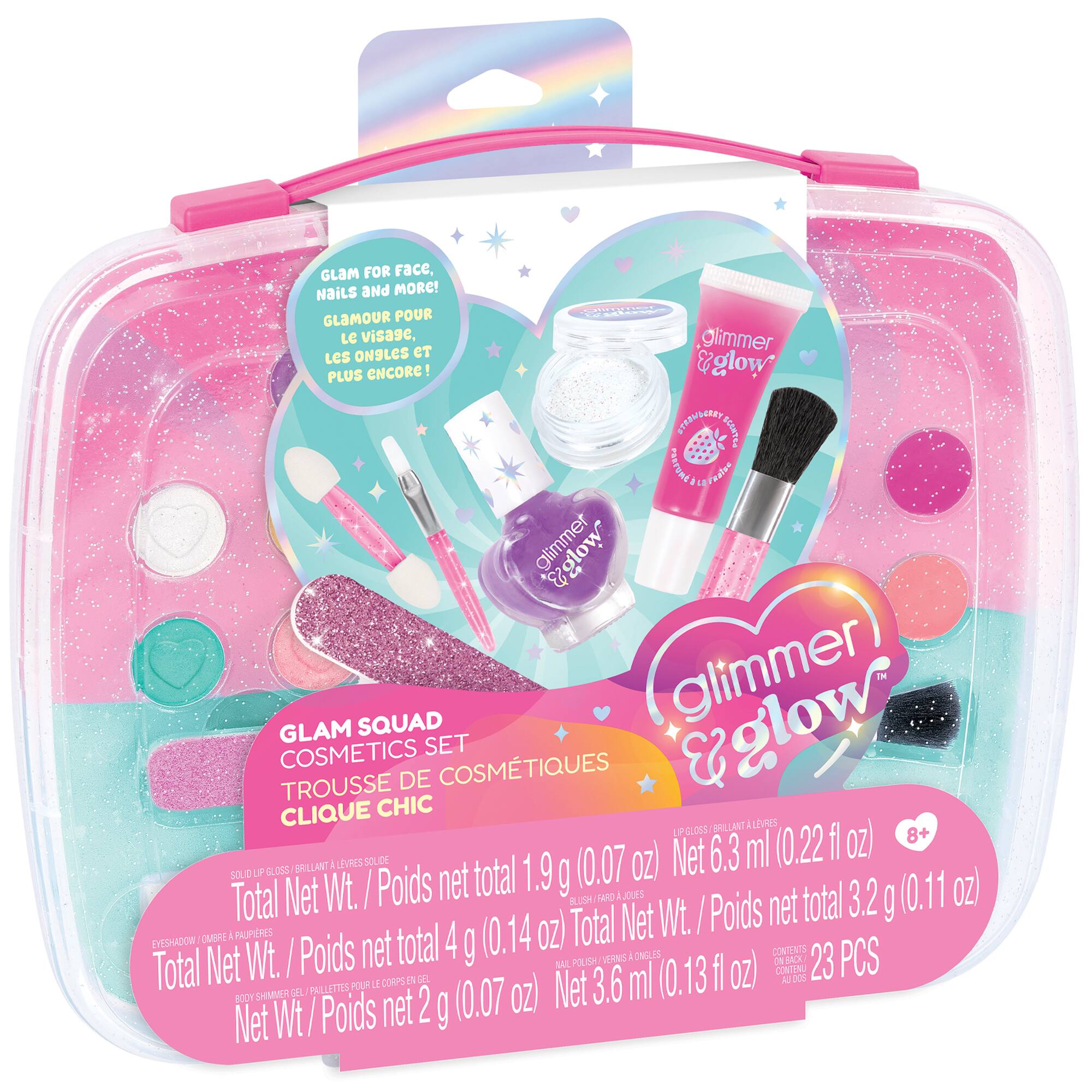 GLAM FOR Face, Nails and More!  
GLAMOUR POUR LE visage, les ongles et PLUS encore!  

glimmer & glow  
STRAWBERRY SCENTED PERFUME  
glimmer GLAM SQUAD SET  
glimmer Eglow COSMETICS  
COSMÉTIQUES TROUSSE DE CLIQUE CHIC  

SOLID UP GLOSS  
BRILLANT À LÈVRES LIQUIDE  
Total Net Wt. / Poids net total 1.9 g (0.07 oz)  

BLUSH  
FARD À JOUES  
Total Net Wt. / Poids net total 3.2 g (0.11 oz)  

EYESHADOW  
OMBRE À PAUPIÈRES  
Total Net Wt. / Poids net total 4 g (0.14 oz)  

NAIL POLISH  
VERNIS À ONGLES  
Net 3.6 ml (0.13 fl oz)  
Total Net Wt. / Poids net total 2 g (0.07 oz)  

BODY SHIMMER GEL  
GEL PALLÉTTES POUR LE CORPS EN SEL  
Net