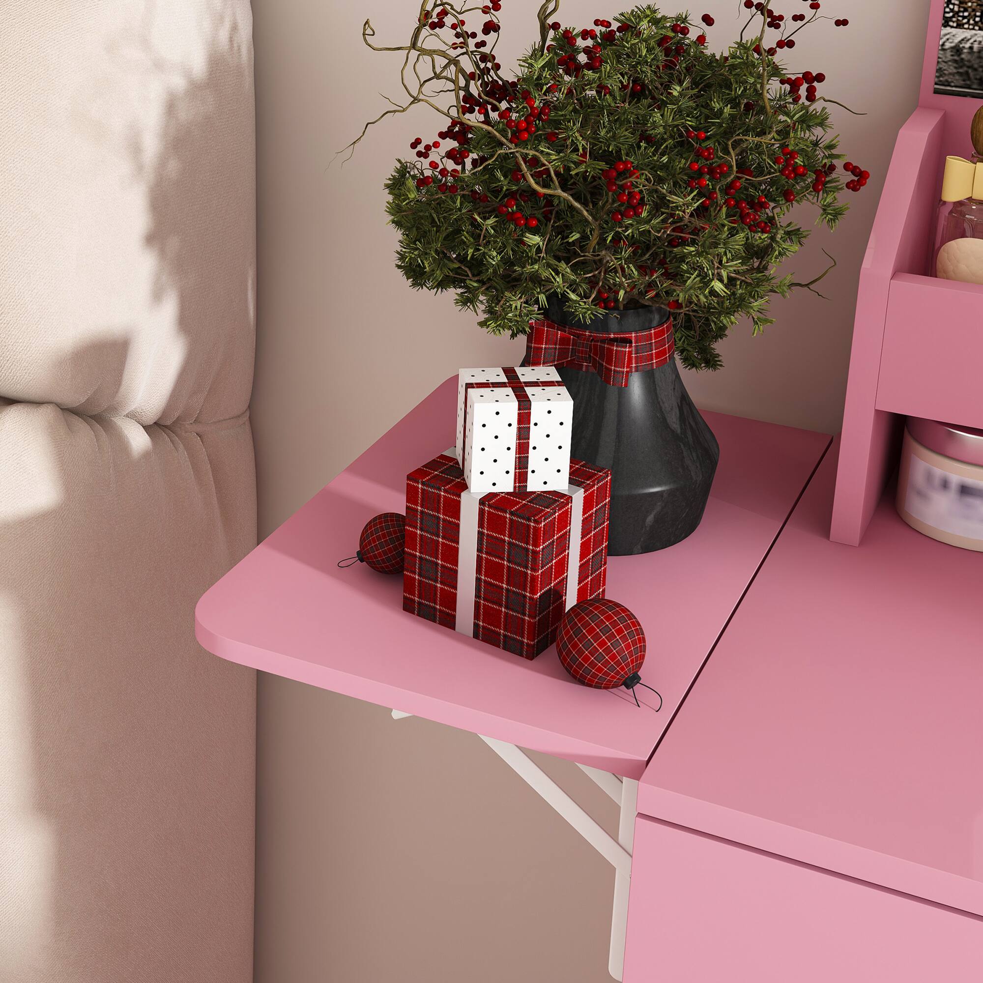 Alt View 7. GOODSILO - Elegant Vanity Desk with LED Mirror Lights, Power Outlet Charging Station, and Storage Stool - Pink.
