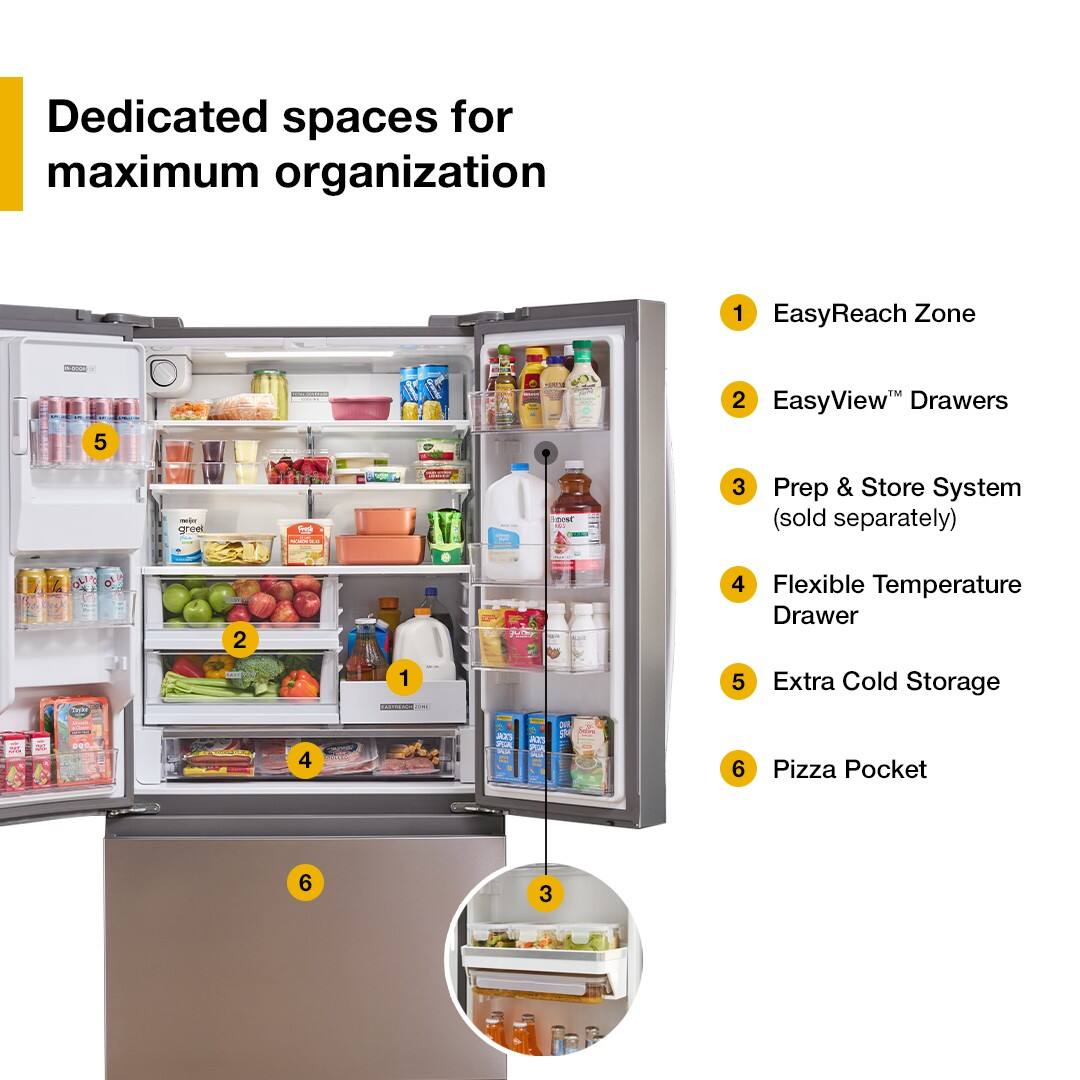 Dedicated spaces for maximum organization

1. EasyReach Zone
2. EasyView™ Drawers
3. Prep & Store System (sold separately)
4. Flexible Temperature Drawer
5. Extra Cold Storage
6. Pizza Pocket