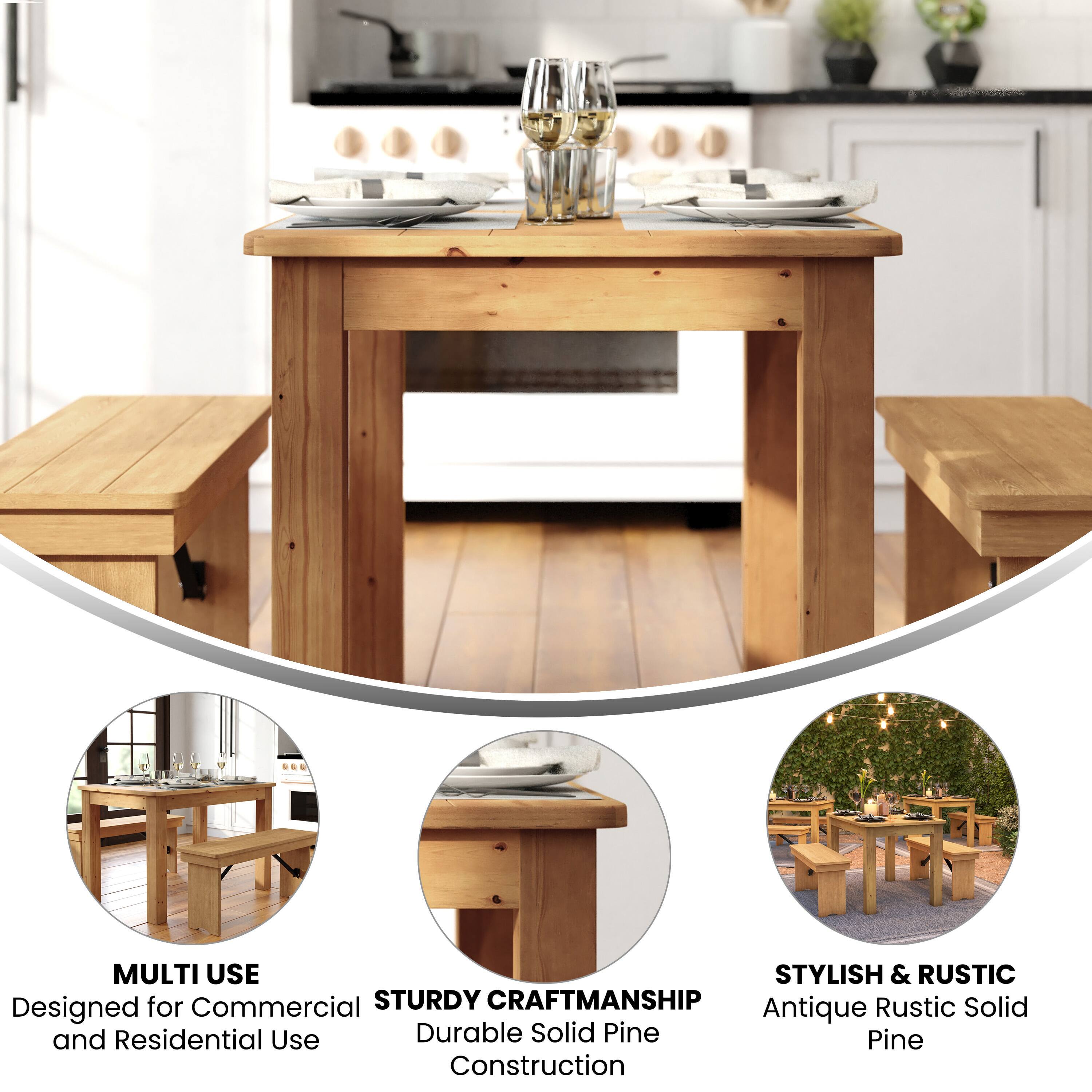 MULTI USE  
Designed for Commercial and Residential Use  

STURDY CRAFTSMANSHIP  
Durable Solid Pine Construction  

STYLISH & RUSTIC  
Antique Rustic Solid Pine