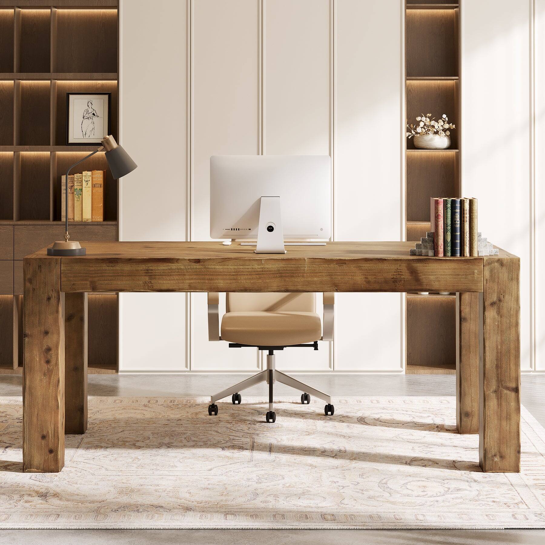 Angle. Tribesigns - Office Executive Desk with Solid Wood Construction, for Computer Work and Writing in Home Offices - Brown.