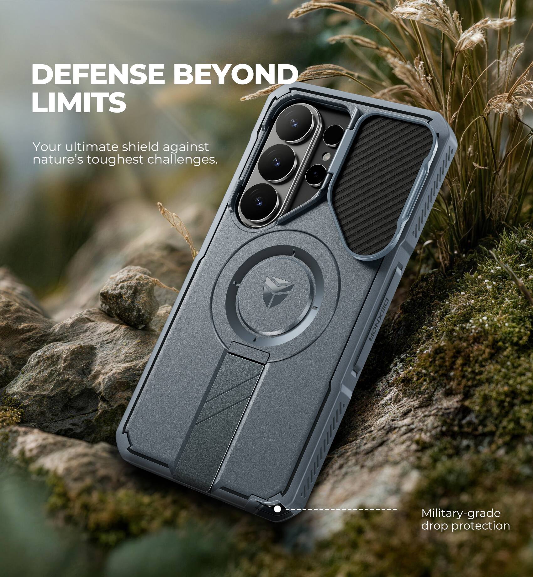 DEFENSE BEYOND LIMITS  
Your ultimate shield against nature's toughest challenges.  
Military-grade drop protection