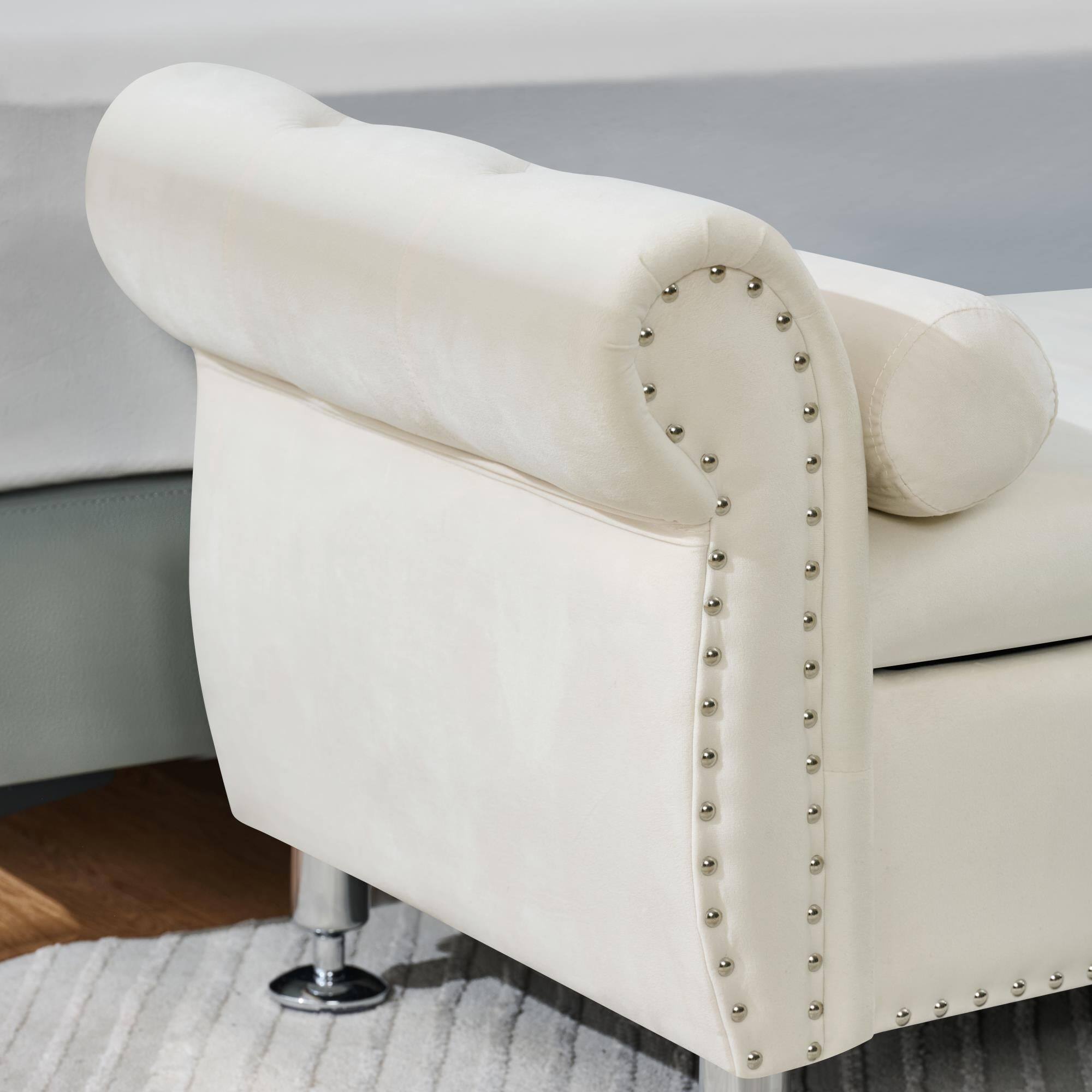 Alt View 5. Boyel Living - 62.2In Beige Velvet Storage Bench w Crystal Buttons&Pillow for Bedroom Living Room - Beige.