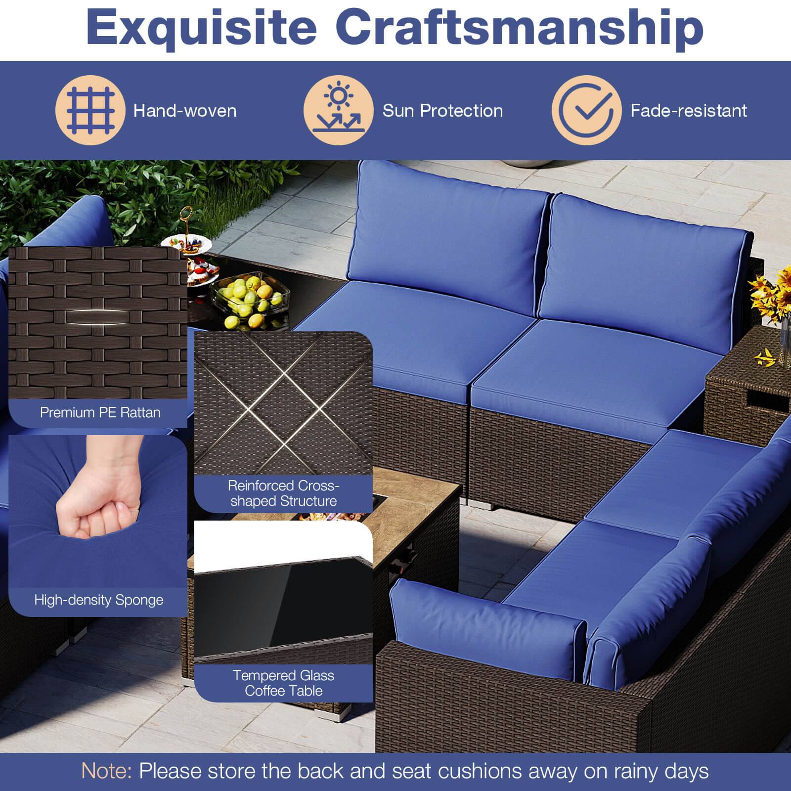 Alt View 5. Costway - Costway 12 PCS Patio Wicker Sectional Sofa Set with 32" Propane Fire Pit Table Tank Holder - Navy.