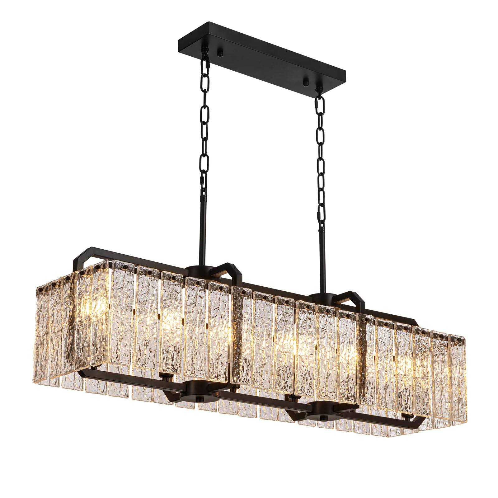 Alt View 5. Siljoy - 39.3 Inch 6-Light Black Linear Crystal Chandelier Water Ripple Glass Farmhouse Pendant Light for Island Dining Room - Black.