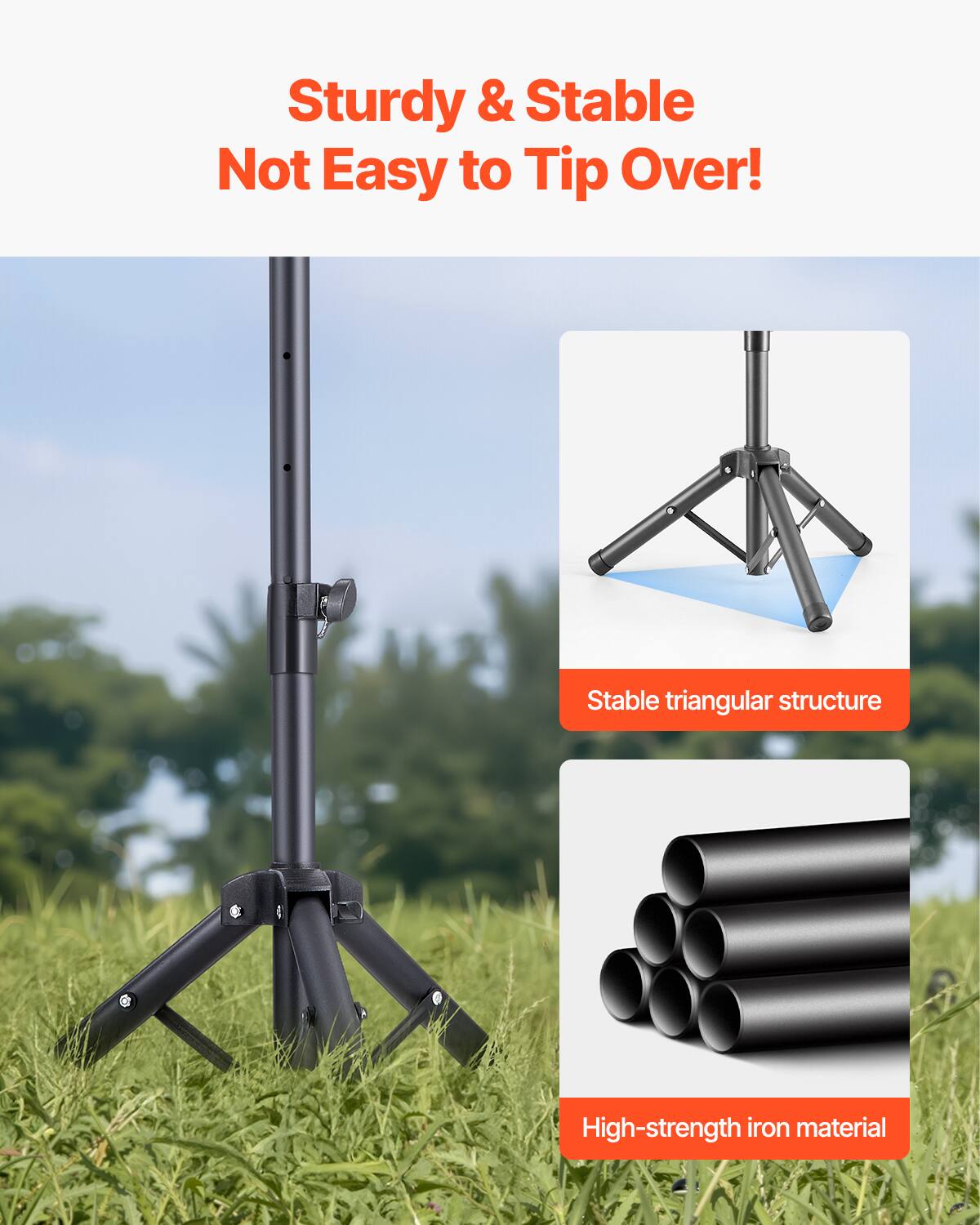 Sturdy & Stable  
Not Easy to Tip Over!  

Stable triangular structure  

High-strength iron material