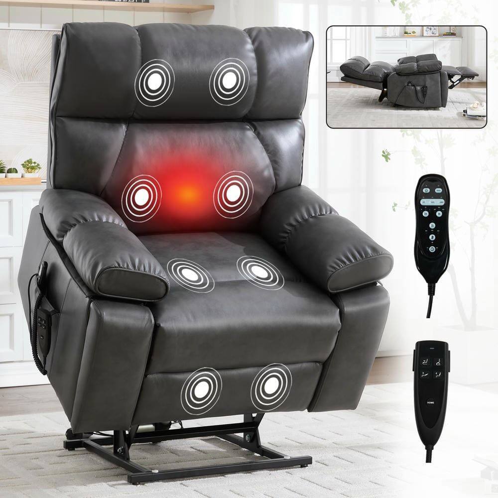 Alt View 6. Kadyn - Oversized Dual Motor Power Lift Recliner, 25" Wide Seat, Massage & Heat, 350lb Capacity, Dark Gray - Gray.
