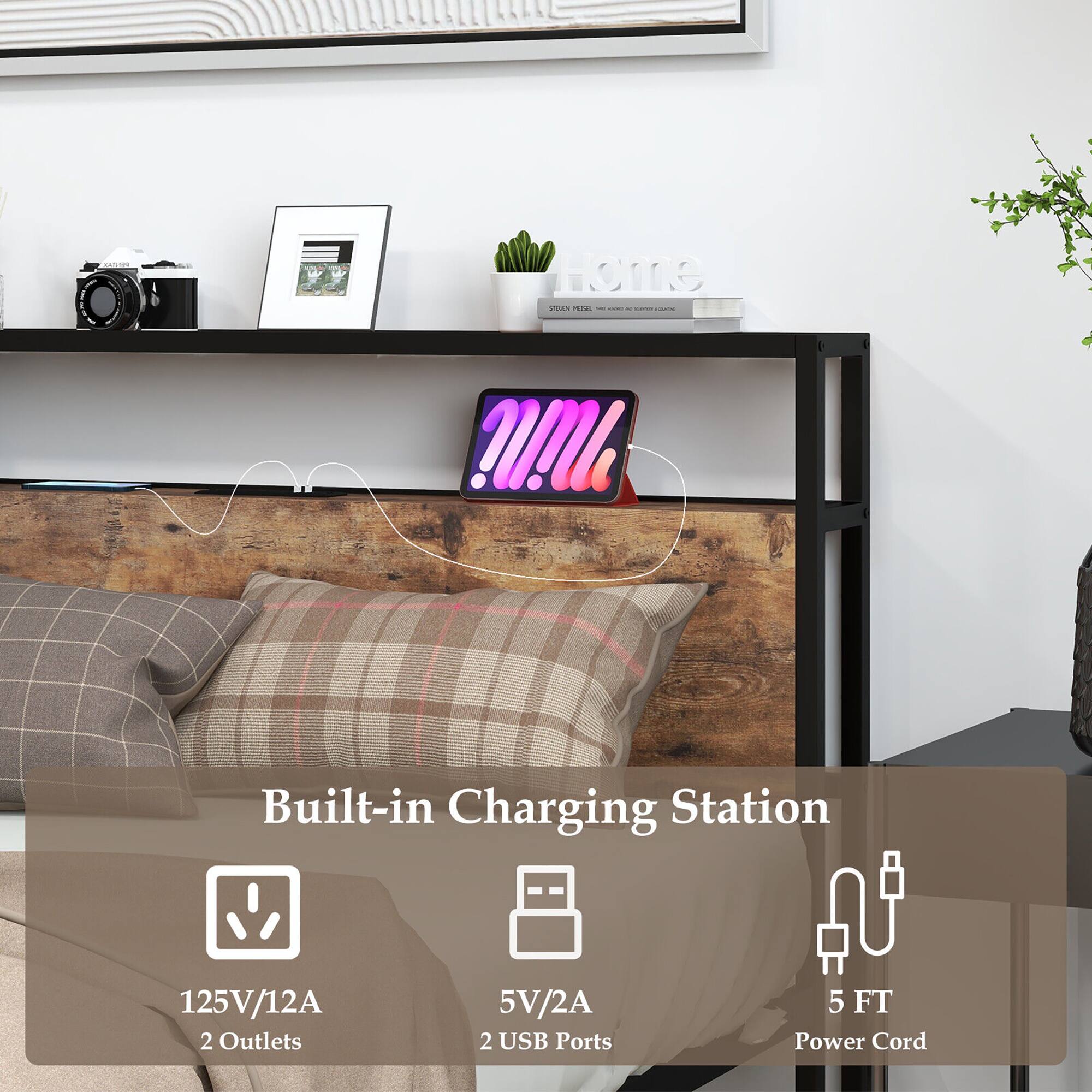 Built-in Charging Station 125V/12A 2 Outlets 5V/2A 2 USB Ports 5 FT Power Cord