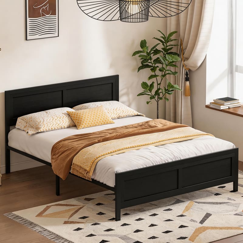 Dyonery - Metal Platform Bed Frame with Wooden Headboard with Rivet, Large Under-Bed Storage, No Box Spring Needed, Easy Assembly - Black