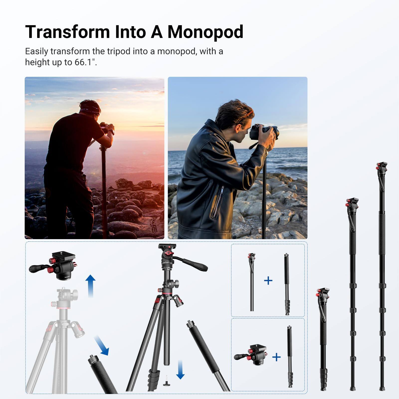Transform Into A Monopod

Easily transform the tripod into a monopod, with a height up to 66.1".