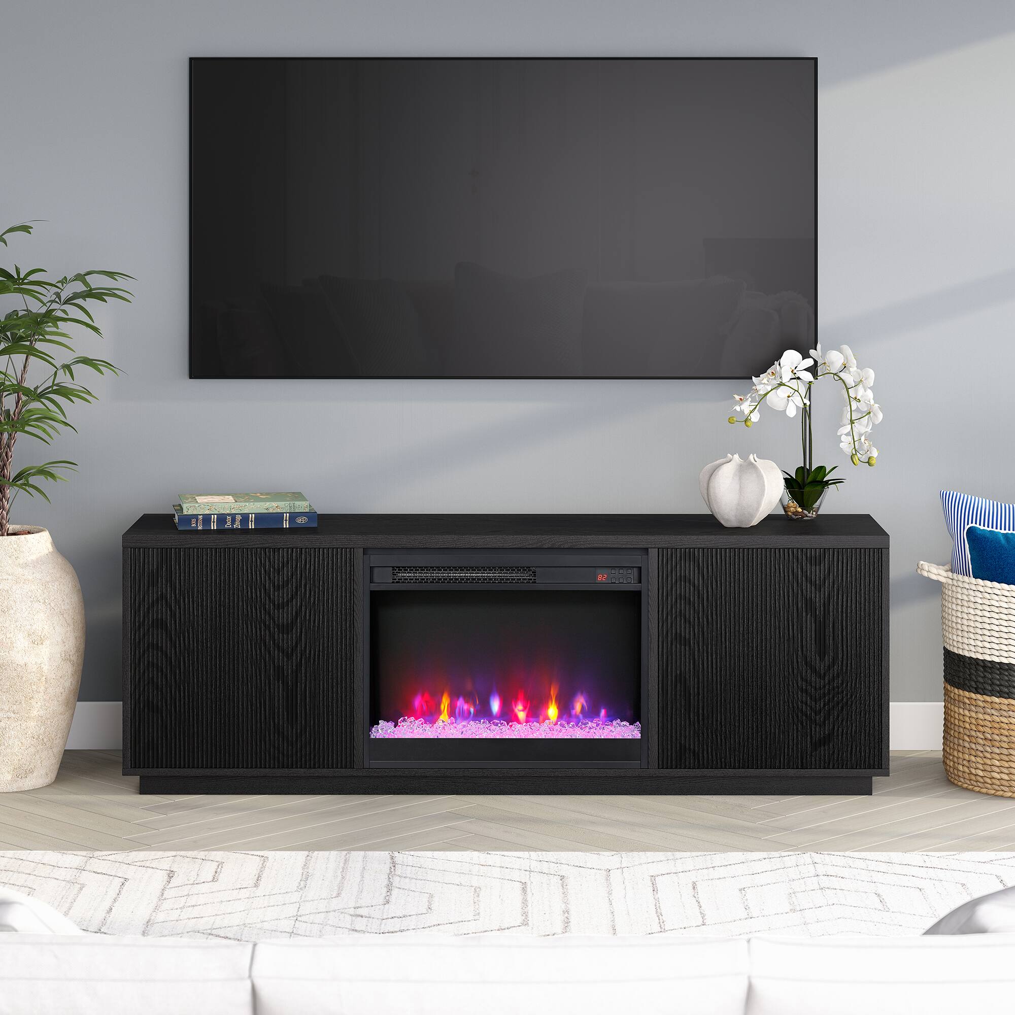 Alt View 2. Hudson&Canal - Hanson Rectangular Fluted TV Stand with 26" Crystal Fireplace for TV's up to 75" in Black Grain - Black Grain.