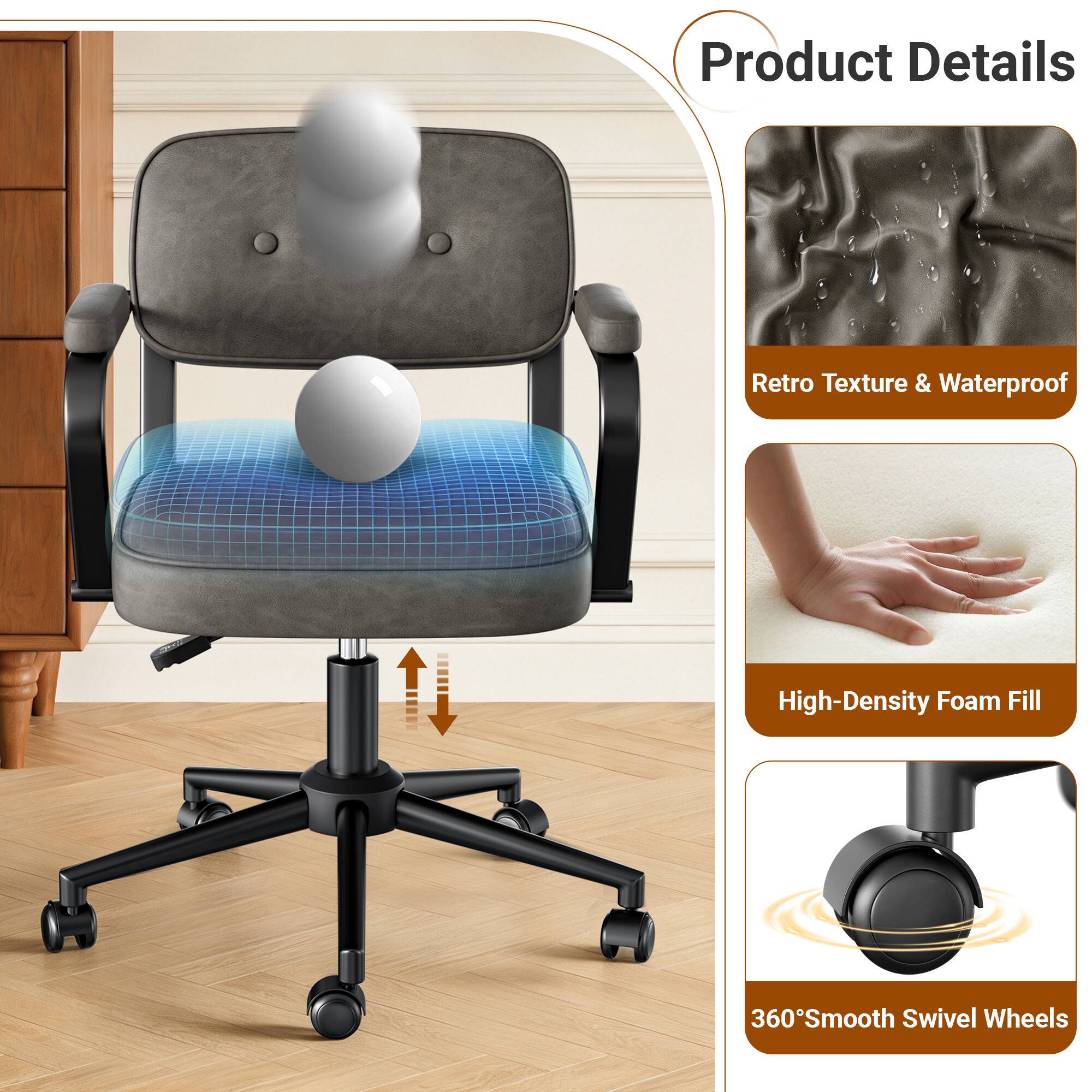 Product Details

- Retro Texture & Waterproof
- High-Density Foam Fill
- 360° Smooth Swivel Wheels
