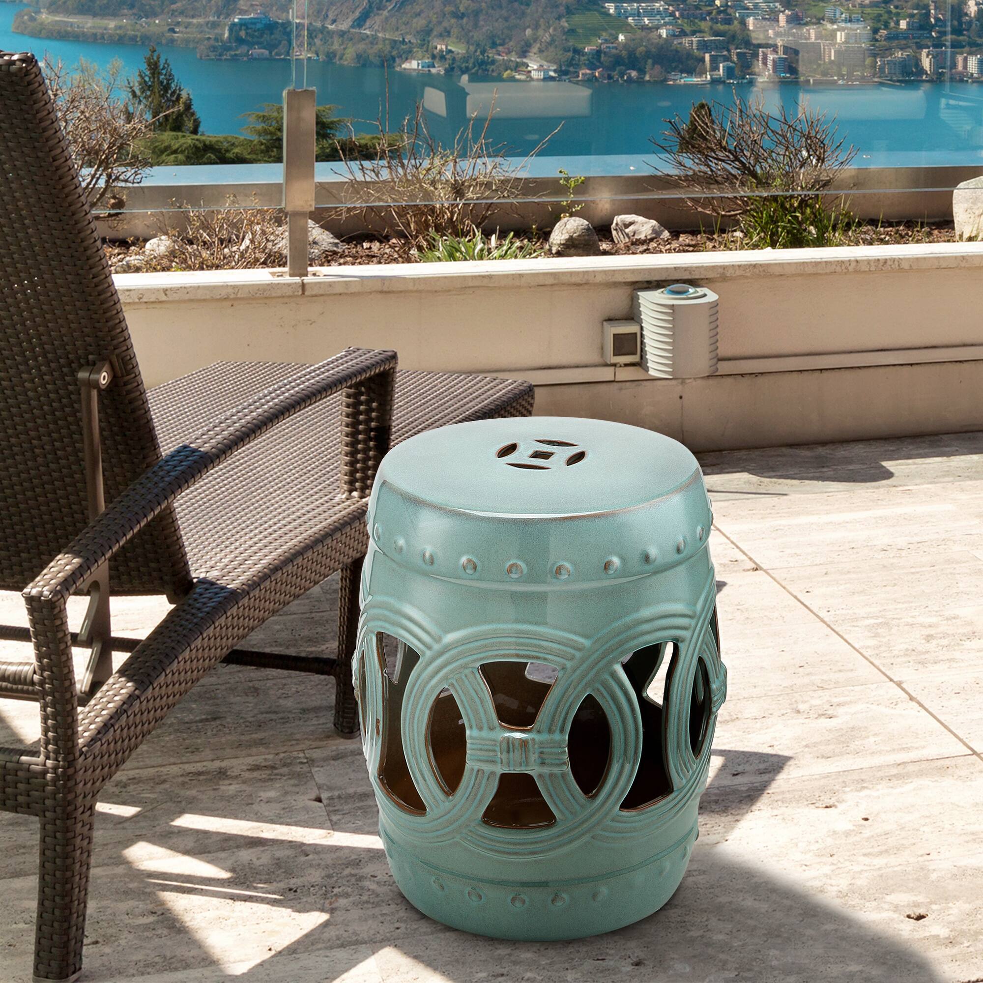 Alt View 1. Outsunny - 14" x 17" Ceramic Garden Stool with Double-Coin Knotted Ring Design & Strong Glazed Material, Decorative Outdoor Stool - Antique-Blue Green.