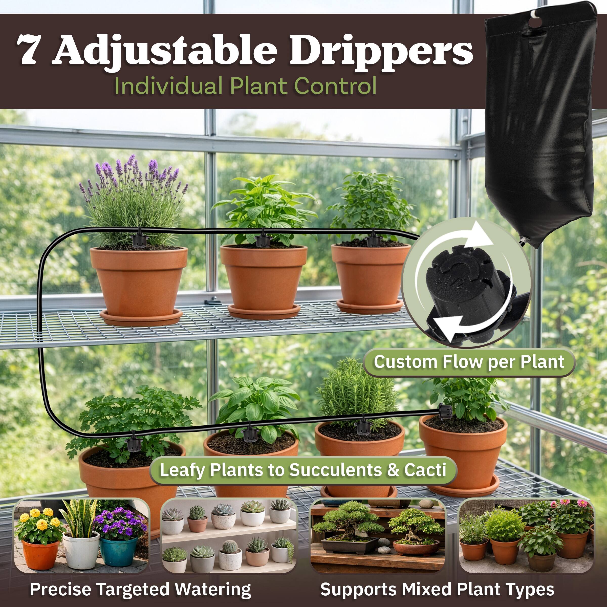 7 Adjustable Drippers  
Individual Plant Control  

Custom Flow per Plant  

Leafy Plants to Succulents & Cacti  

Precise Targeted Watering  

Supports Mixed Plant Types