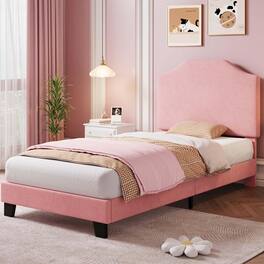 Acekool - Twin Size Velvet Bed Frame, Corduroy Upholstered Twin Bed Frames Platform - Pink