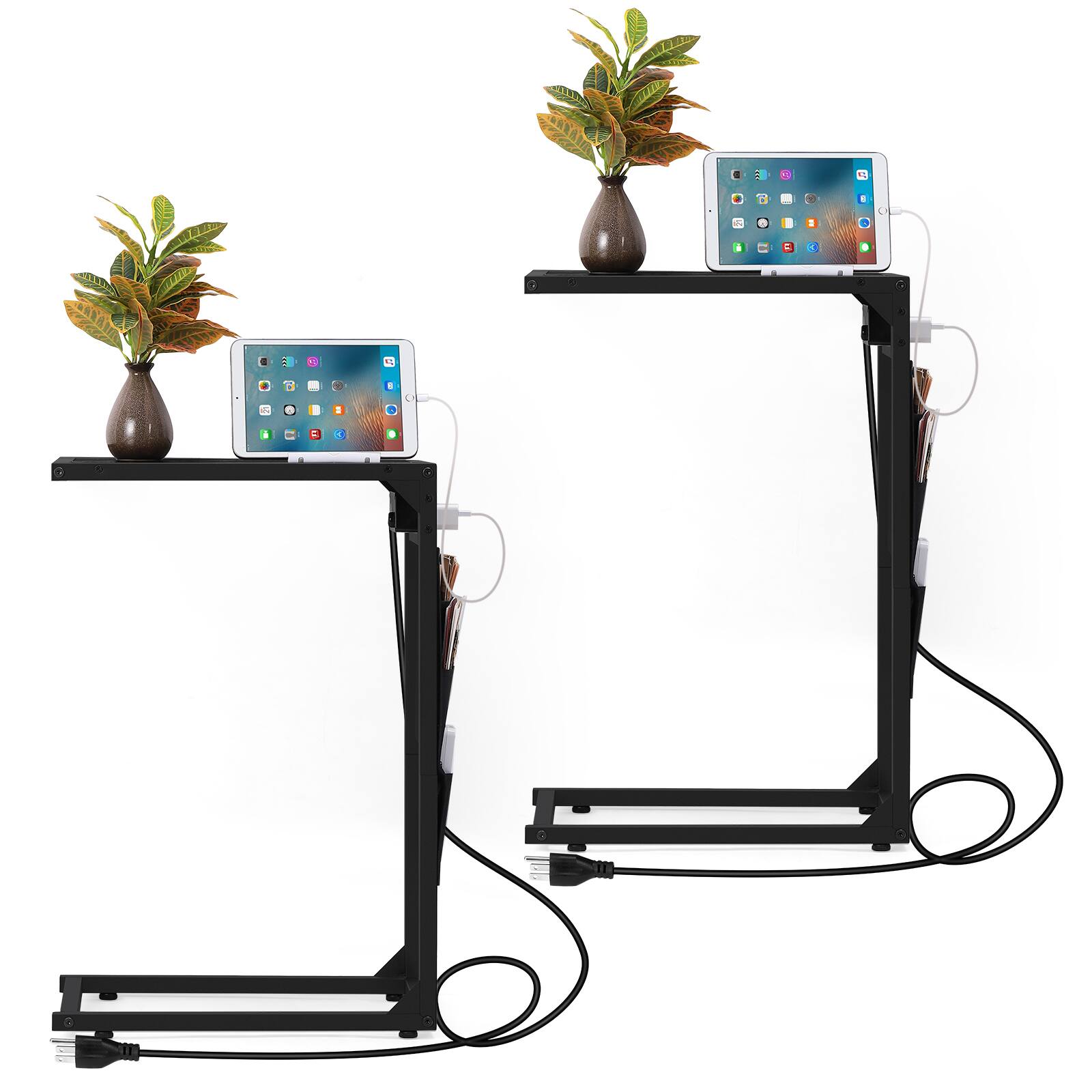 Alt View 2. Oumilen - Set of 2 C-Shaped Side Tables with Charging Station, Black Water Grain Wood End Tables with Fabric Pockets - Black.