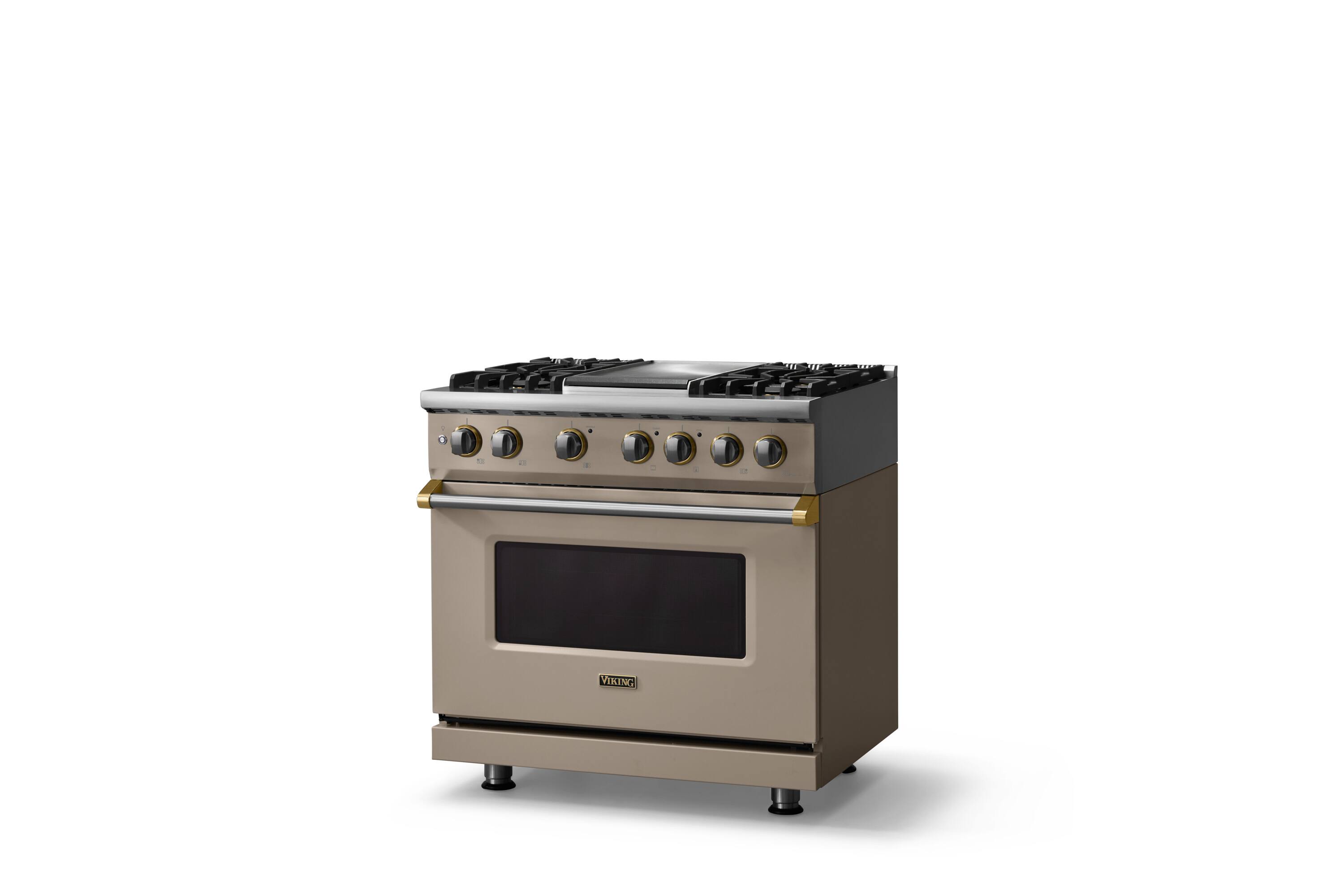 Angle. Viking - 36"W. Pro5S 5.6 Cu. Ft. Freestanding Self-Clean Sealed 4B Dual Fuel Convection Range/Grdl-Nantucket/Brushed Brass - Nantucket.