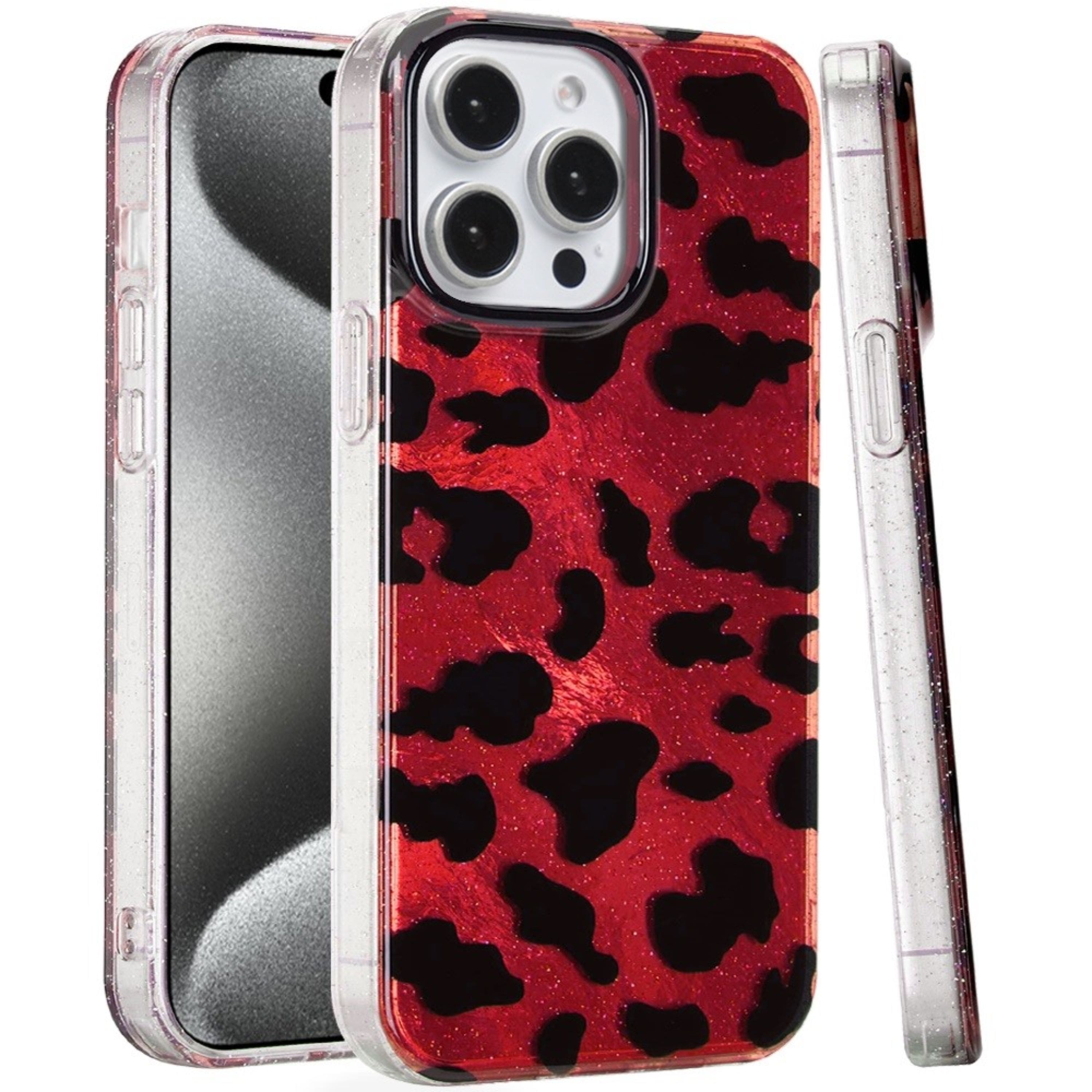 Kitcheniva - Glossy Glitter In-Mold Case With Tempered Glass For iPhone 15 Pro Max Red Leopard - Multicolor price history on PriceWatchPro