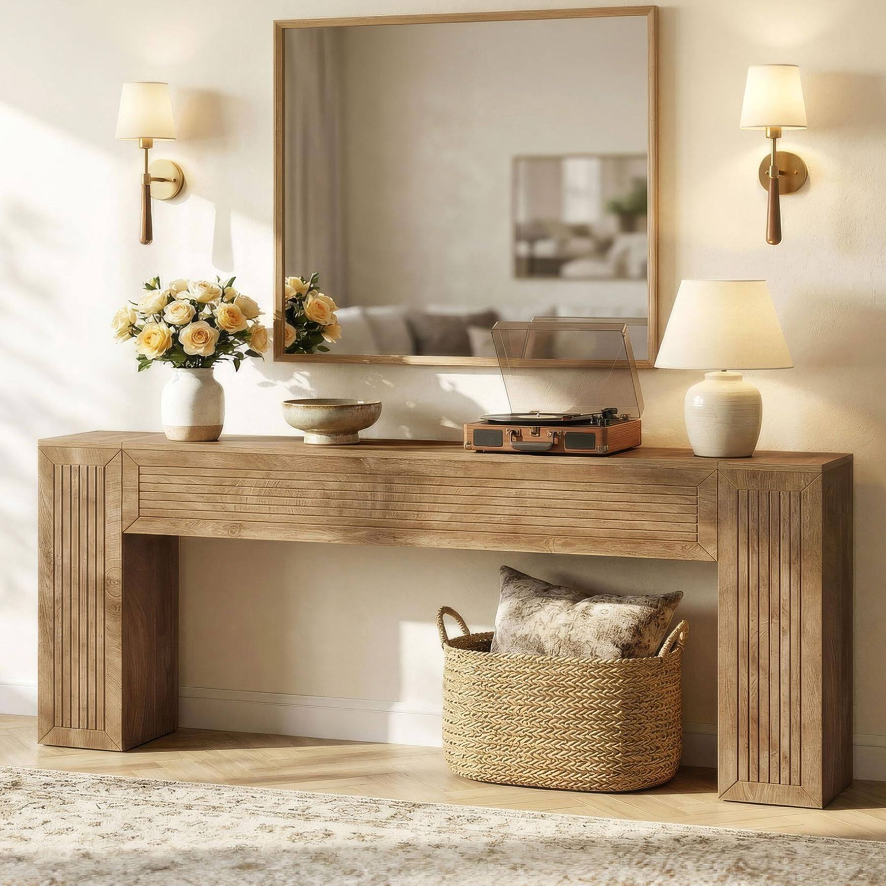 Left. Tribesigns - Extra Long Sofa Table, 79" Long Console Table, Farmhouse Entryway Table, Rectangular Behind Couch Table with Fluted Legs - Natural Oak.