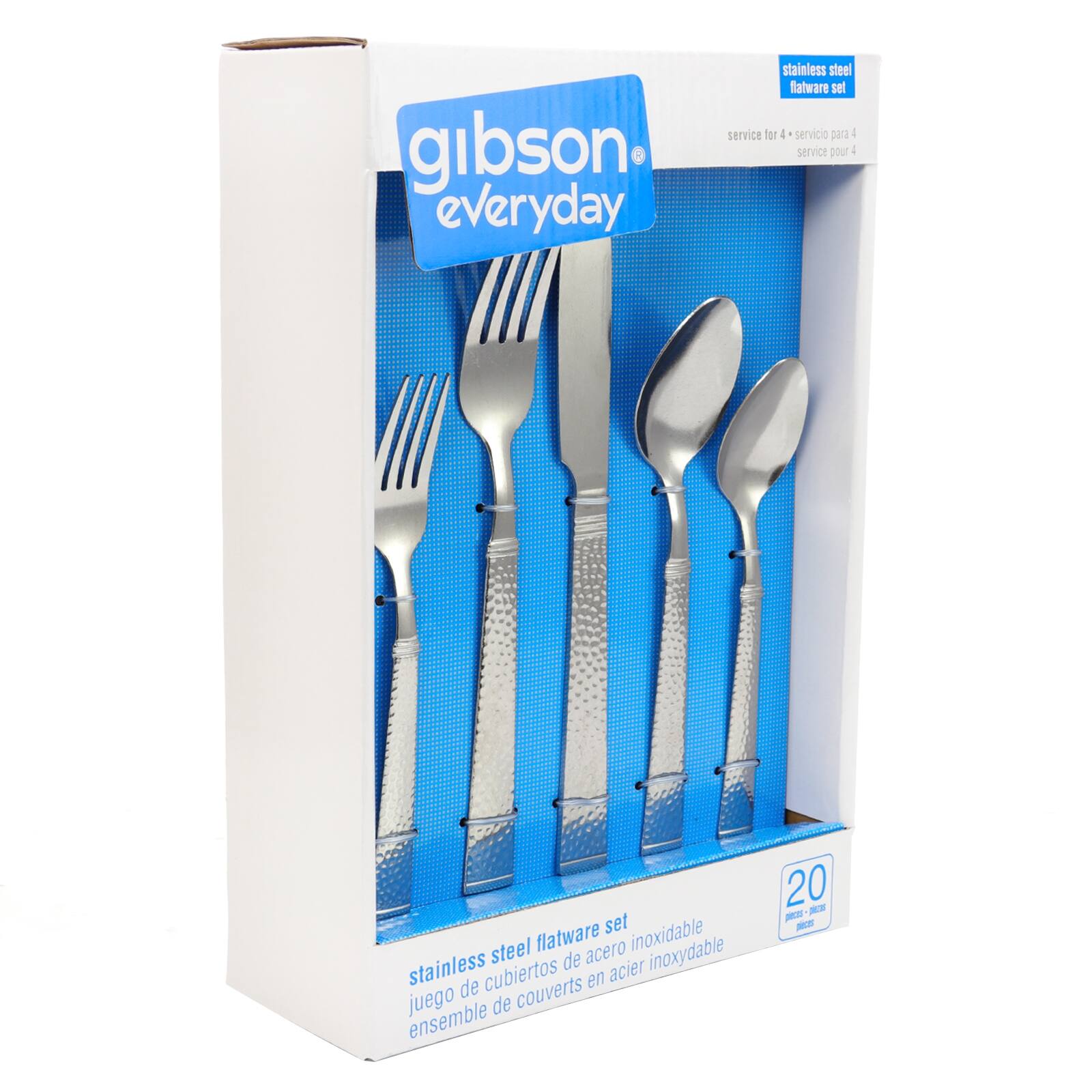 Gibson Everyday Stainless Steel Flatware Set 20-piece, 4-piece service for 10, includes fork, knife, and spoon. Made of stainless steel, this flatware set is durable and easy to clean. The set comes in a blue box, making it a convenient and stylish choice for everyday use.