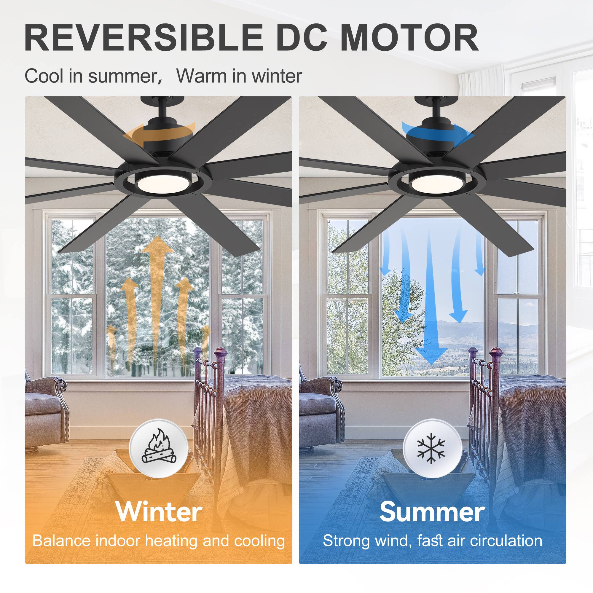 REVERSIBLE DC MOTOR  
Cool in summer, Warm in winter  

Winter  
Balance indoor heating and cooling  

Summer  
Strong wind, fast air circulation