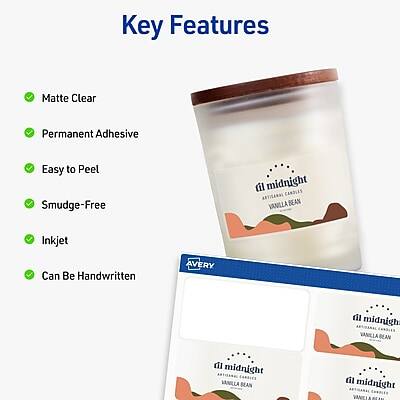 Key Features

- Matte Clear
- Permanent Adhesive
- Easy to Peel
- Smudge-Free
- Inkjet
- Can Be Handwritten

il midnight  
VANILLA BEAN  
il midnight  
VANILLA BEAN