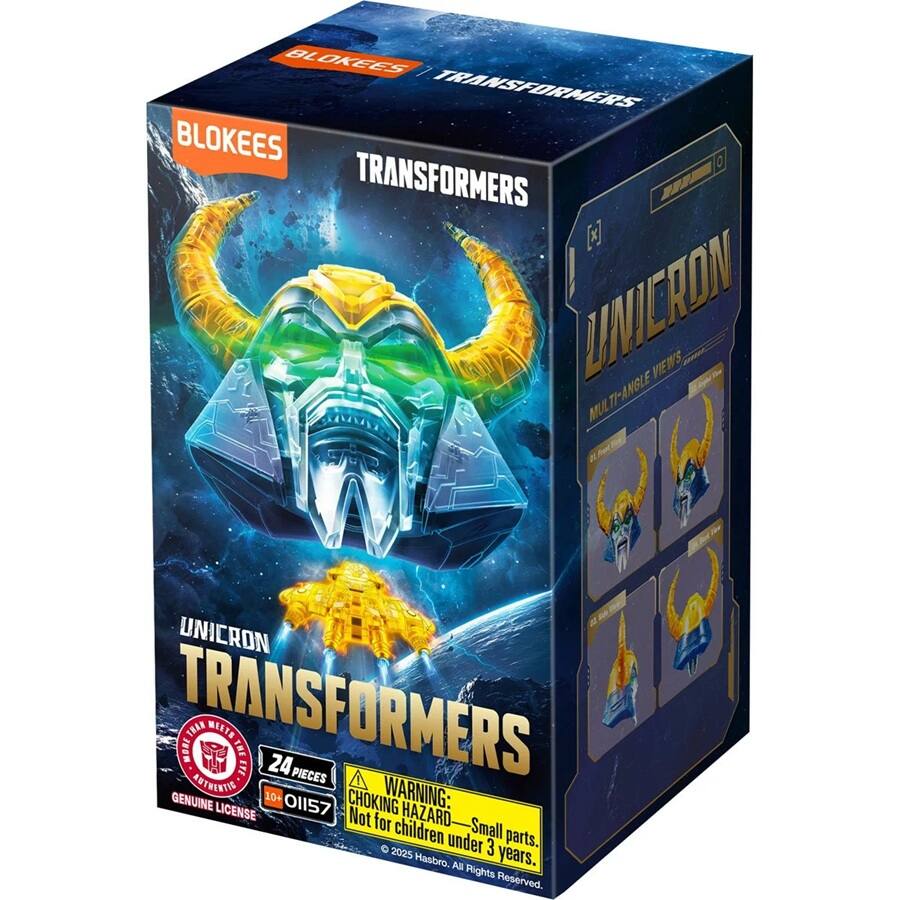 BLOKEES TRANSFORMERS  
UNICRON  
24 PIECES  
WARNING: CHOKING HAZARD - Small parts. Not for children under 3 years.  
GENUINE LICENSE O1157  
© 2025 Hasbro. All Rights Reserved.