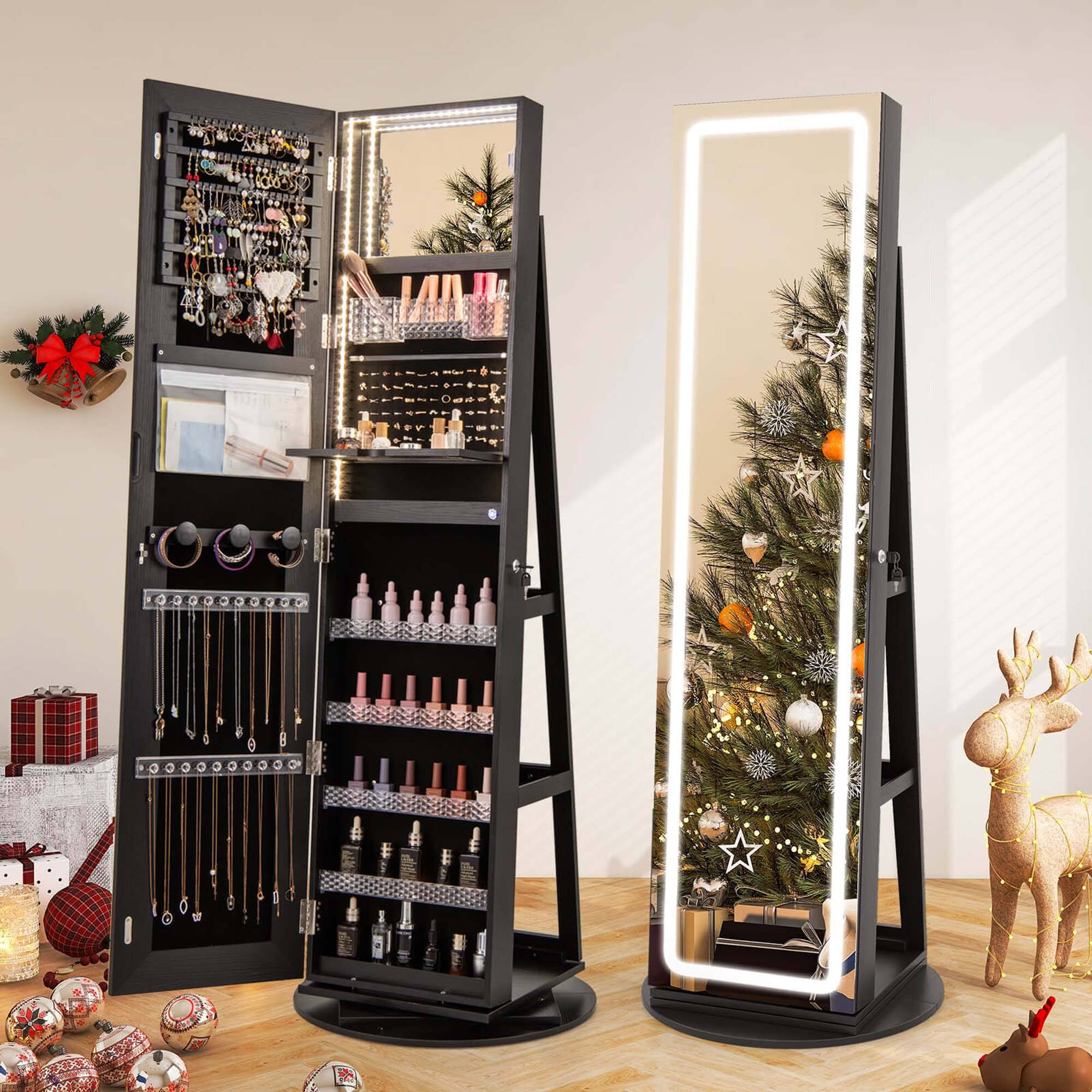 Alt View 12. Costway - 360° Swivel Jewelry Cabinet Organizer 3-Color LED Mirror with Built-in Lights Black - Black.