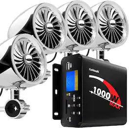 GoHawk - Bluetooth Motorcycle Speakers: 1000W Amplifier, 4-Speaker Waterproof Stereo Audio System w/ FM Radio USB SD for ATV - Chrome