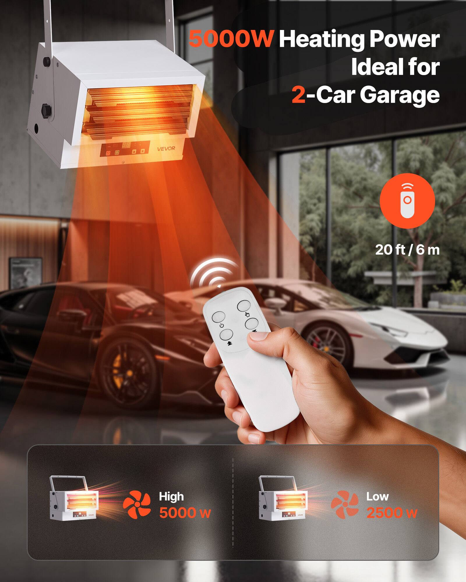 5000W Heating Power Ideal for 2-Car Garage

VEVOR

20ft/6m

High 5000 W

Low 2500 W