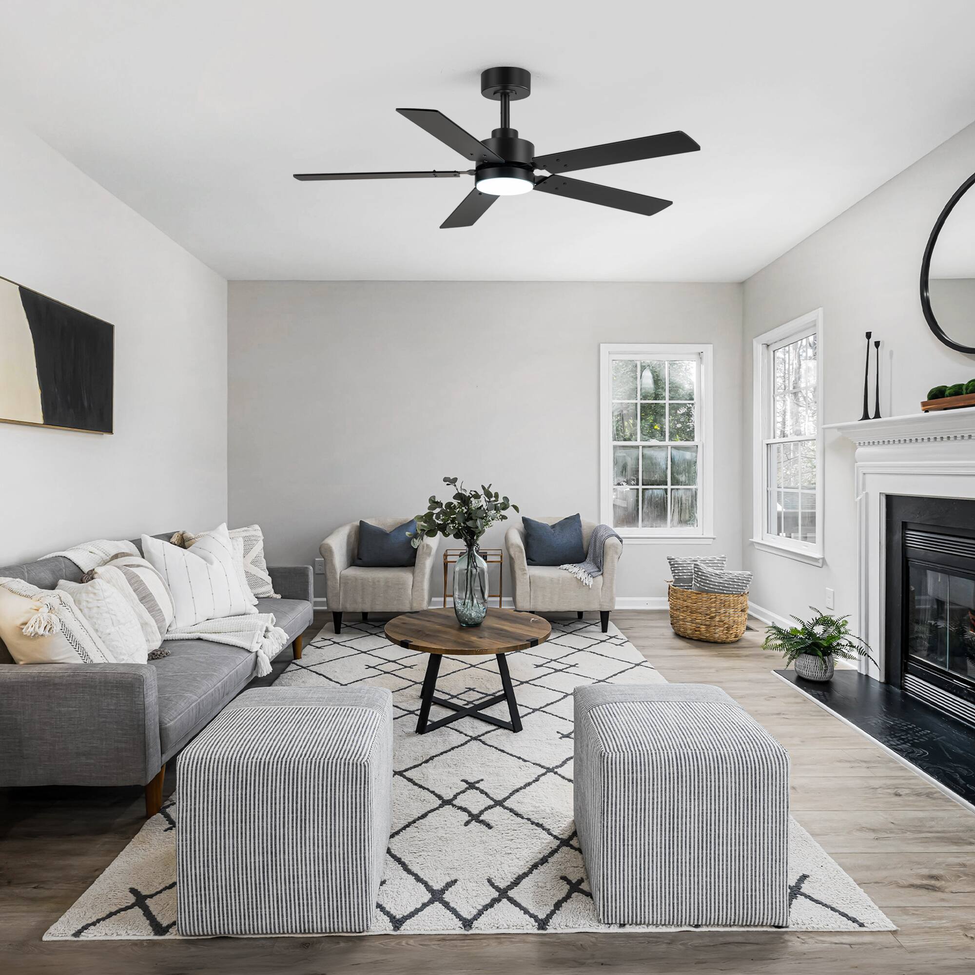 Alt View 2. Breezary - 48-Inch Ceiling Fan with LED Light, Reversible 5 Plywood Blades, DC Motor 30W, Includes 5 & 10-Inch Downrods, Remote - Black(with light).